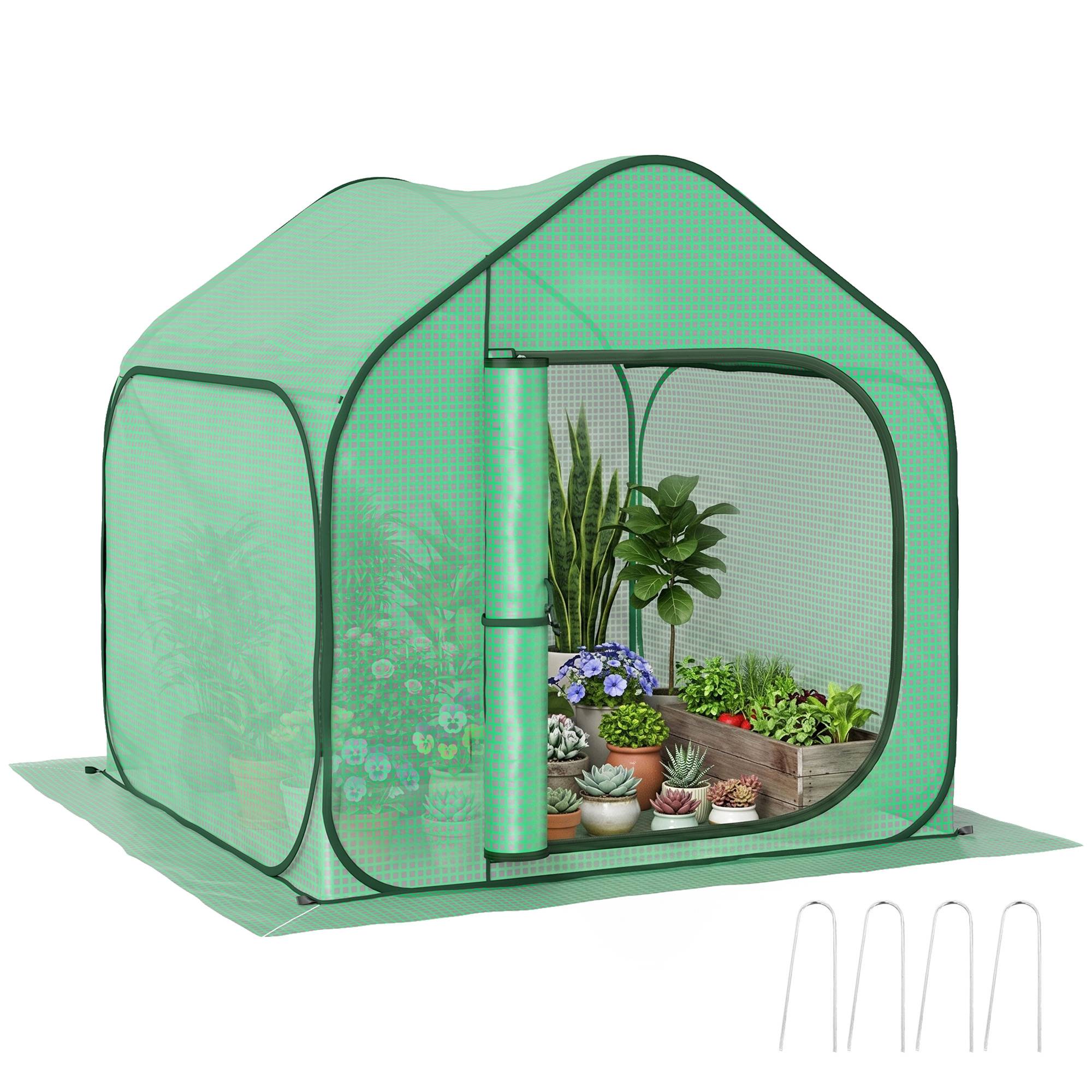 Serre maisonnette pliable entrée charnière, acier et PE, 150x148x148 cm, verte - Image 1