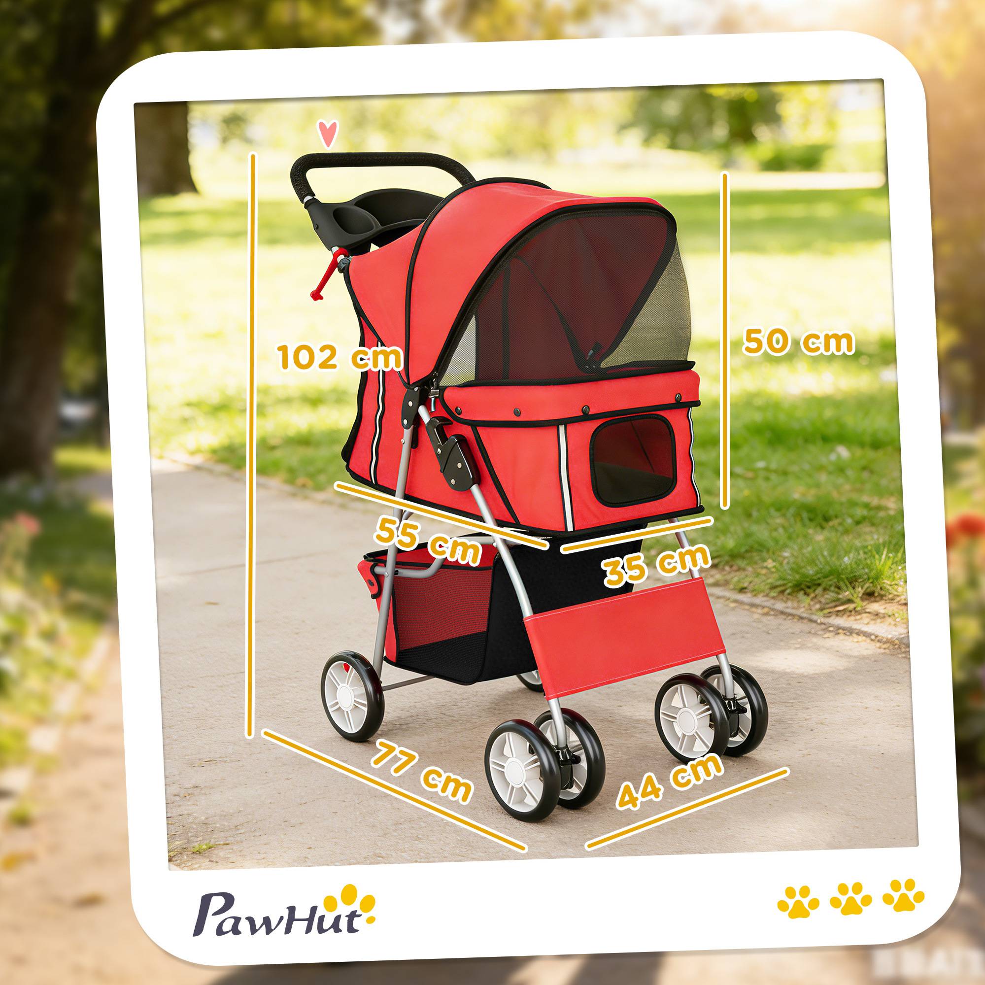 Poussette buggy pliable animaux chariot pliante chien chat porte-gobelet panier de rangement 75 x 45 x 97 cm rouge - Image 5