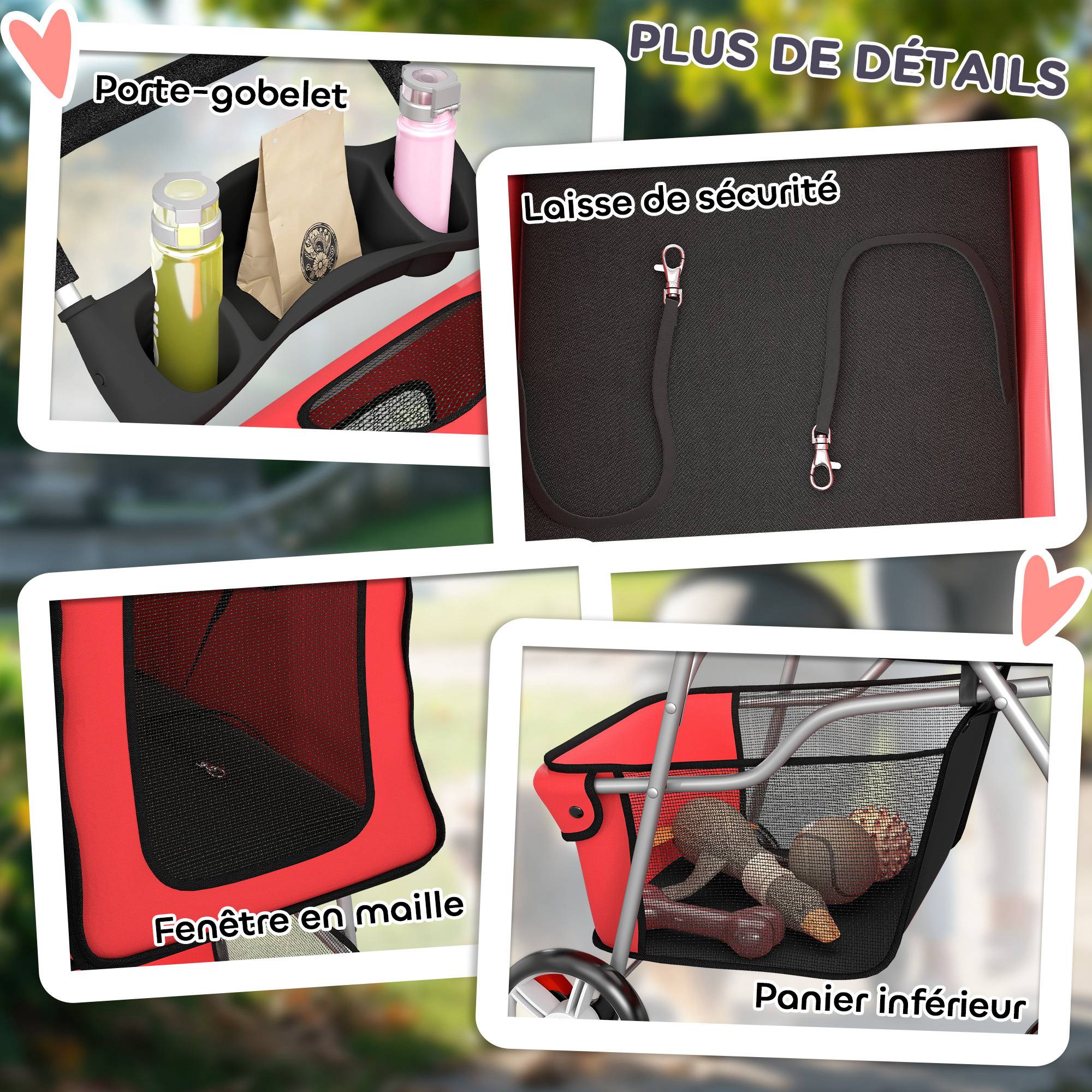 Poussette buggy pliable animaux chariot pliante chien chat porte-gobelet panier de rangement 75 x 45 x 97 cm rouge - Image 10
