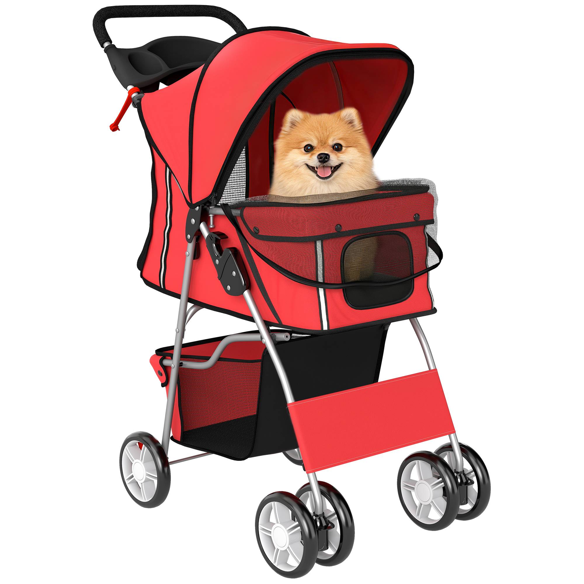 Poussette buggy pliable animaux chariot pliante chien chat porte-gobelet panier de rangement 75 x 45 x 97 cm rouge - Image 1