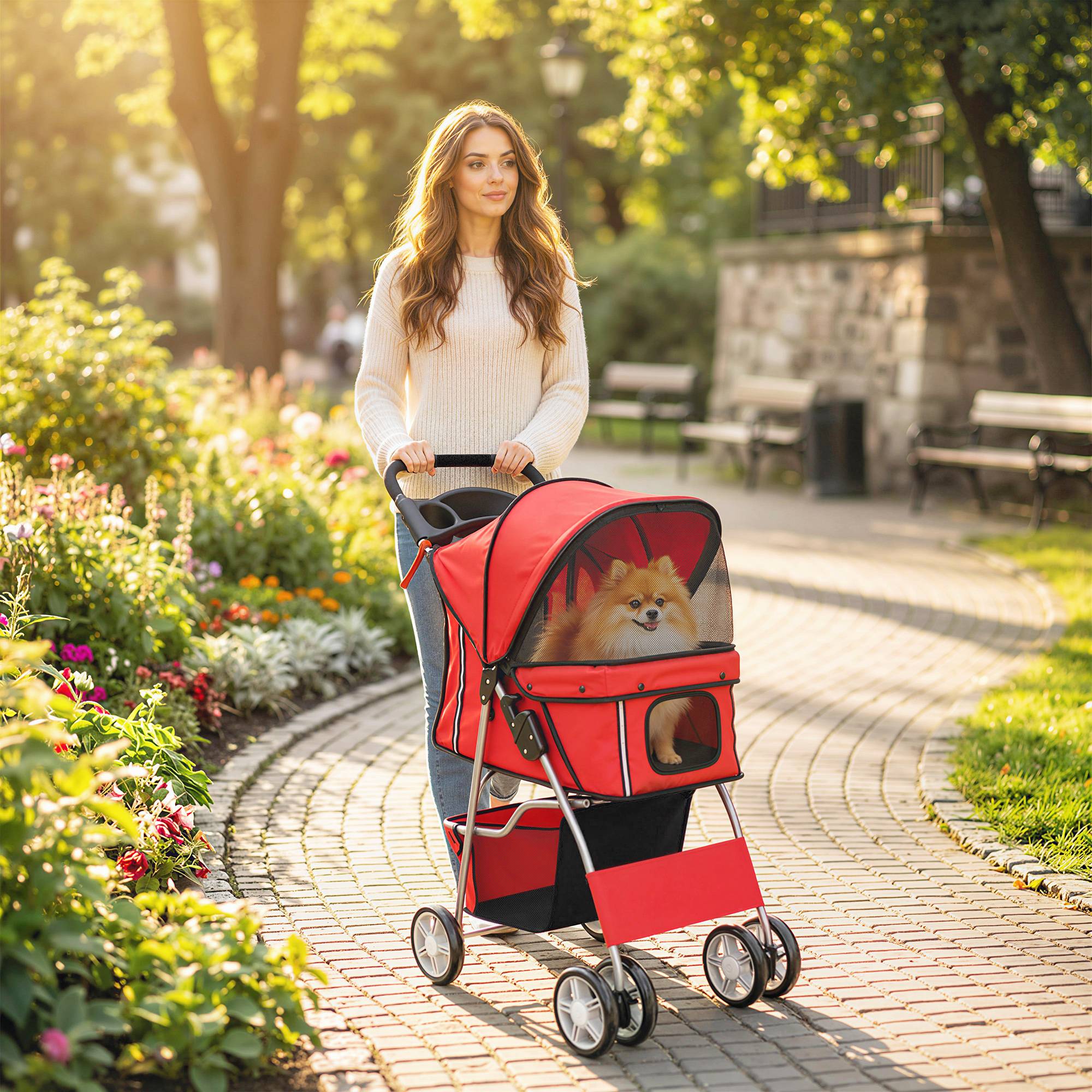Poussette buggy pliable animaux chariot pliante chien chat porte-gobelet panier de rangement 75 x 45 x 97 cm rouge - Image 4