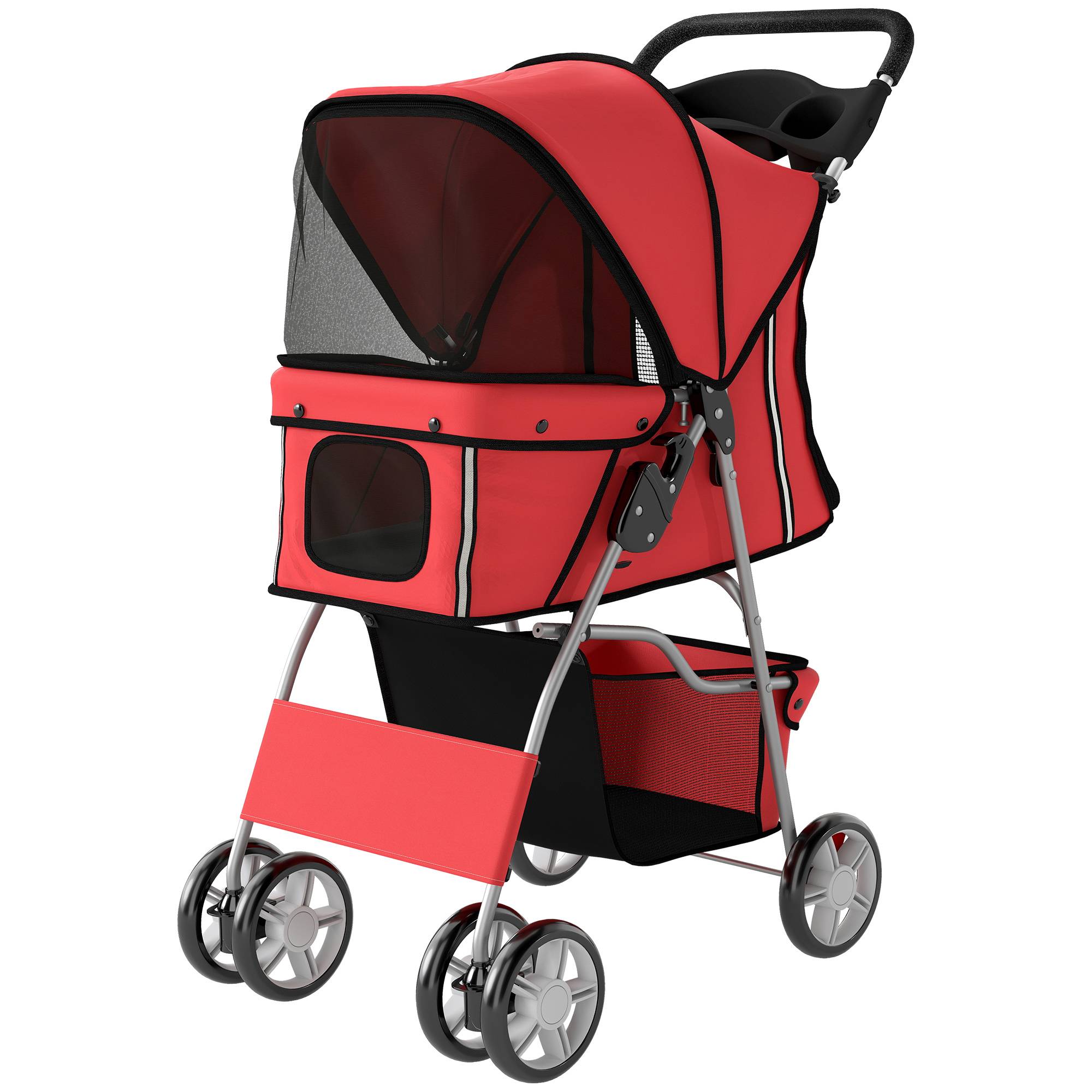 Poussette buggy pliable animaux chariot pliante chien chat porte-gobelet panier de rangement 75 x 45 x 97 cm rouge - Image 2