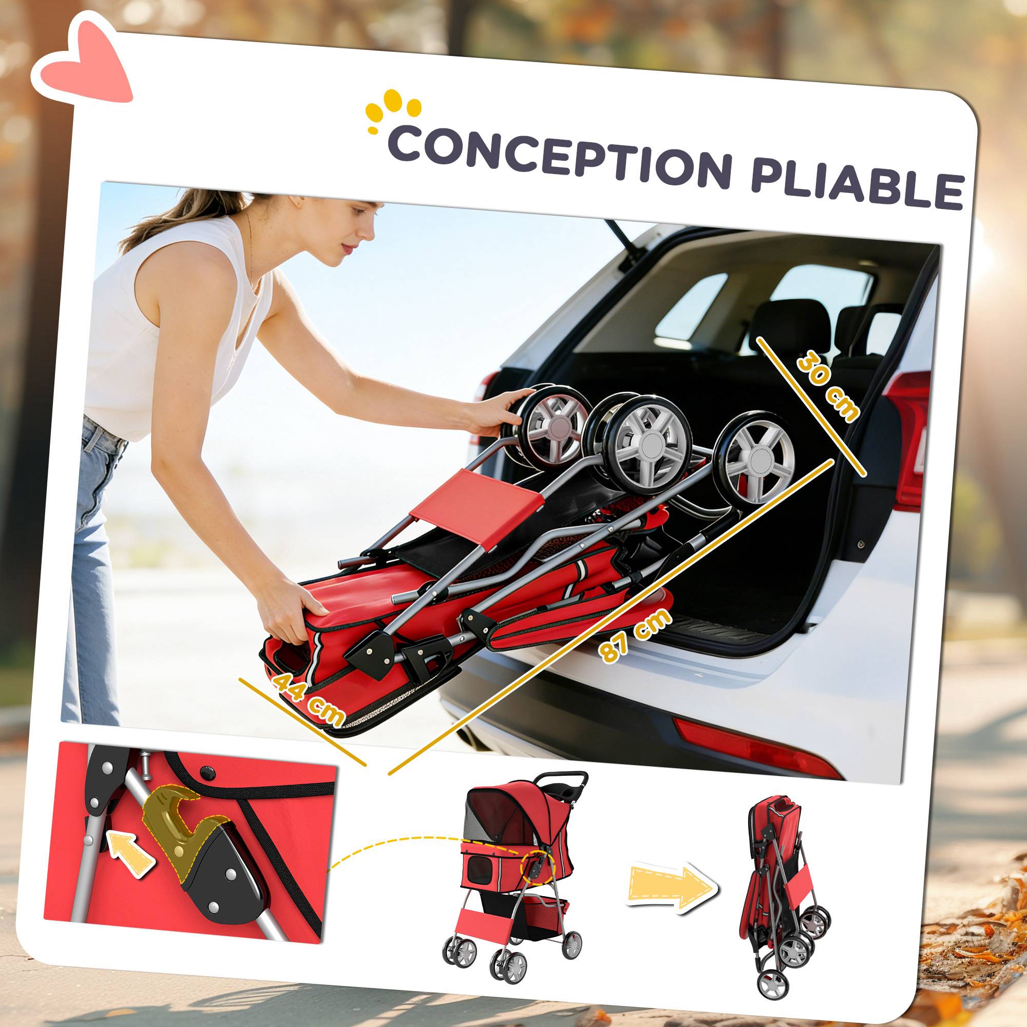 Poussette buggy pliable animaux chariot pliante chien chat porte-gobelet panier de rangement 75 x 45 x 97 cm rouge - Image 7