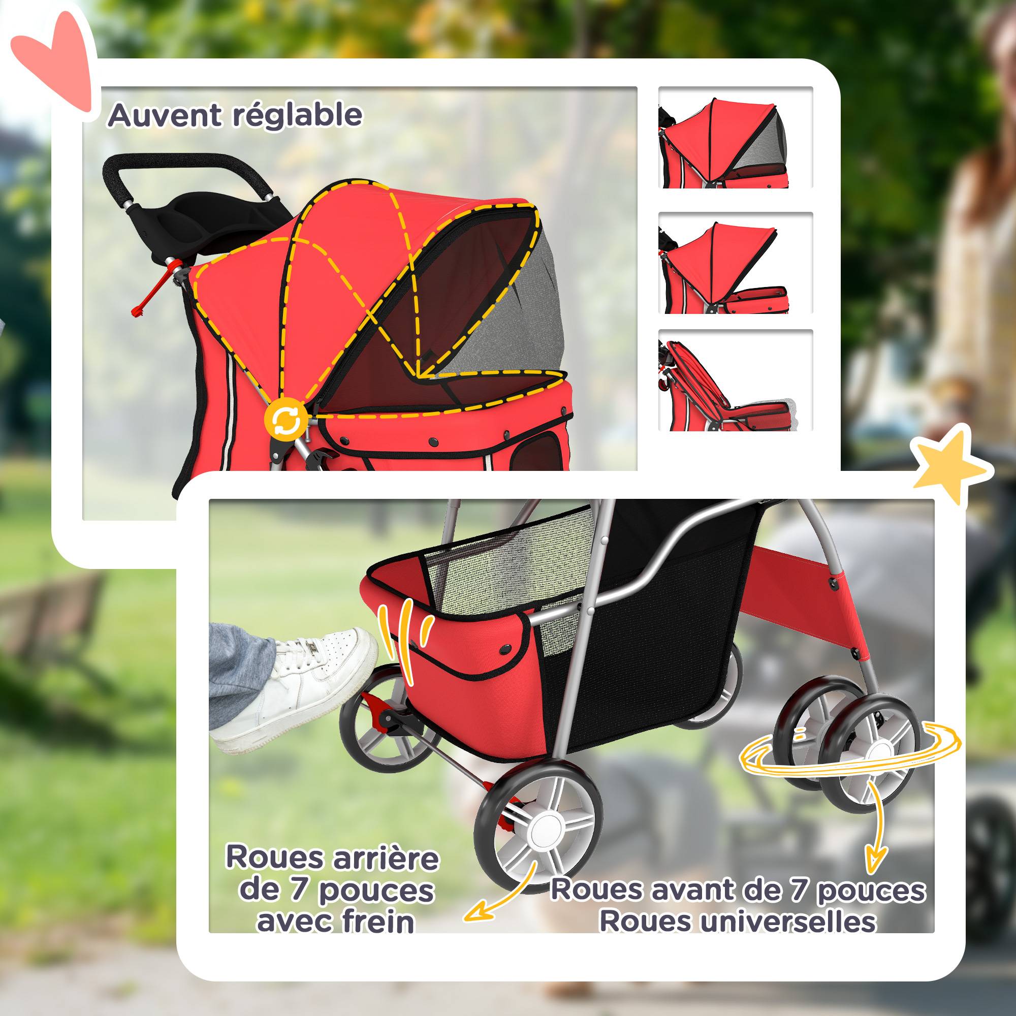 Poussette buggy pliable animaux chariot pliante chien chat porte-gobelet panier de rangement 75 x 45 x 97 cm rouge - Image 8