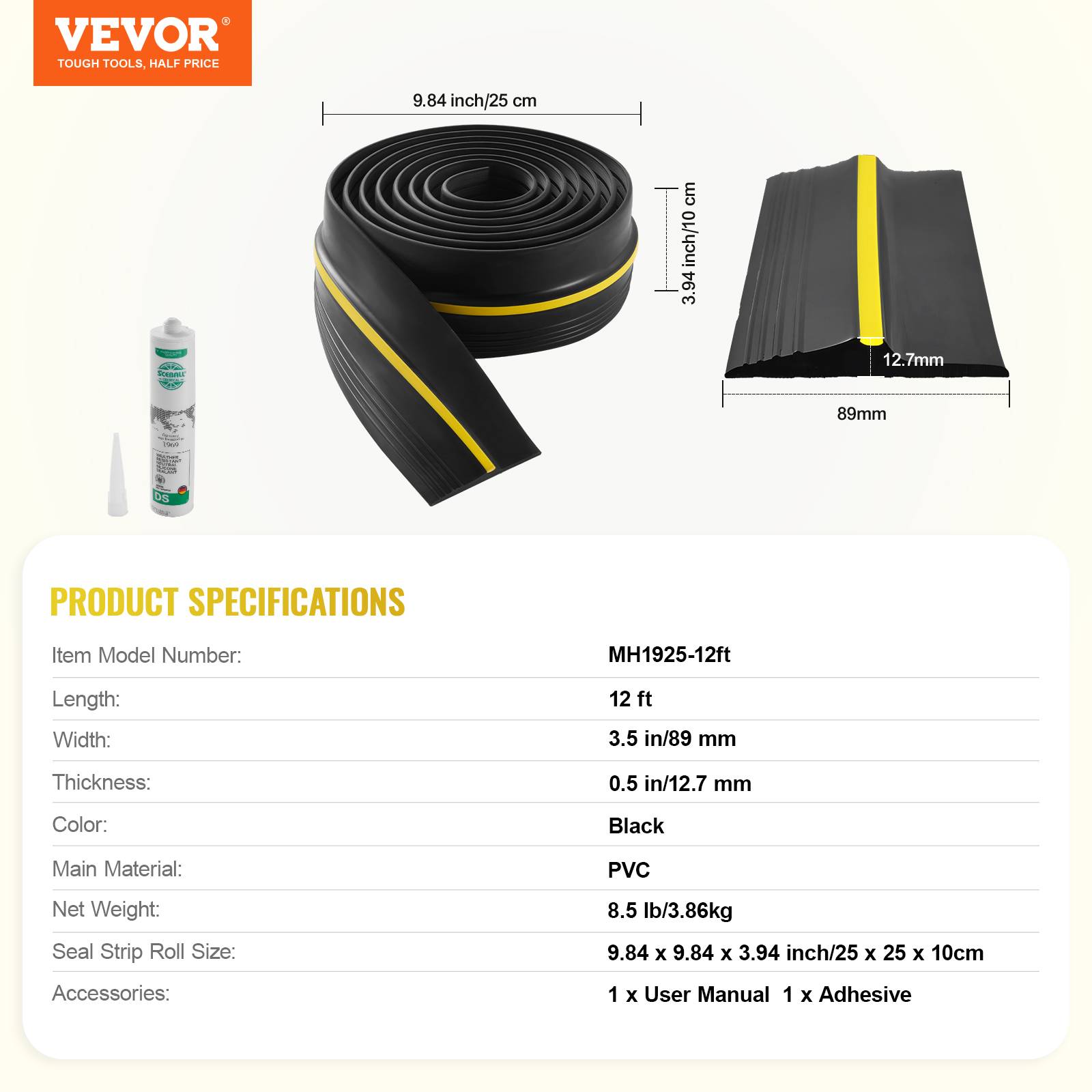 VEVOR Joint porte garage 3.6m, seuil universel, PVC épais, adhésif, noir. - Image 7