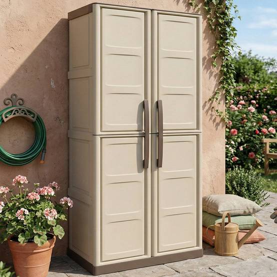 Dmora - Armoire d'extérieur Dbattistin, Armoire de balcon polyvalente, Armoire d'extérieur 2 portes, Beige et Marron, Finition Damier, 70x39h165 cm - Dmora - Image 2