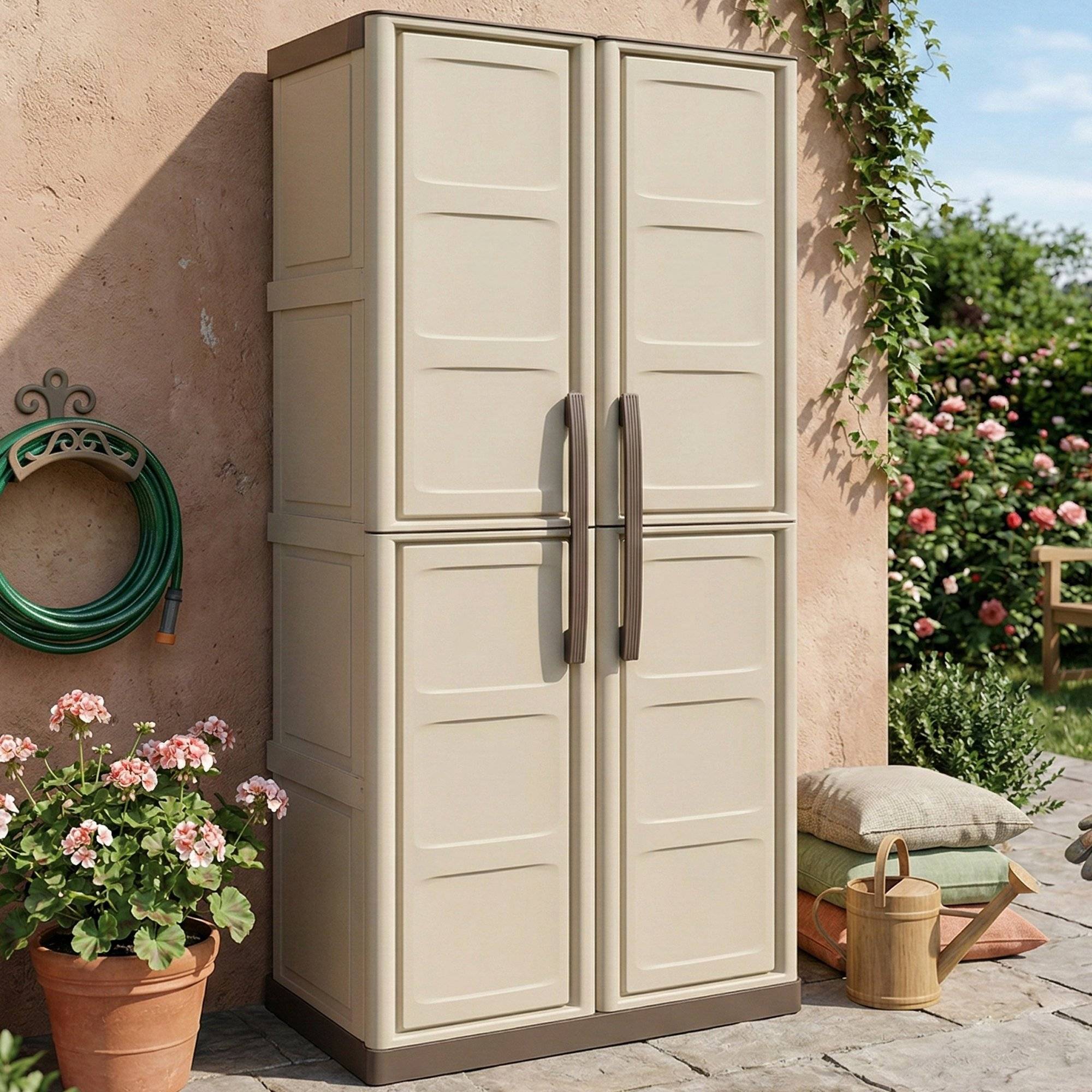 Dmora - Armoire d'extérieur Dbattistin, Armoire de balcon polyvalente, Armoire d'extérieur 2 portes, Beige et Marron, Finition Damier, 70x39h165 cm - Dmora - Image 2