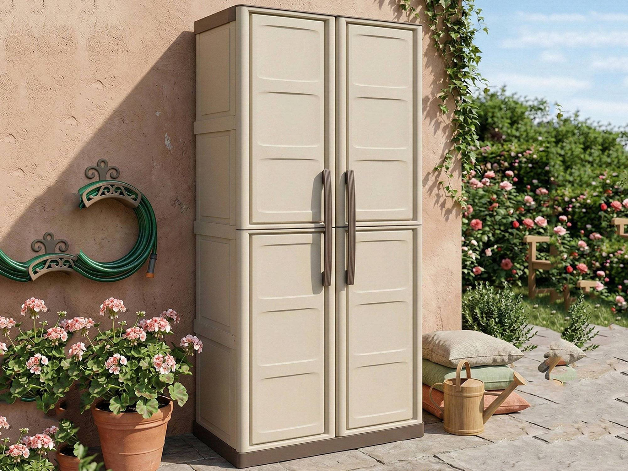 Dmora - Armoire d'extérieur Dbattistin, Armoire de balcon polyvalente, Armoire d'extérieur 2 portes, Beige et Marron, Finition Damier, 70x39h165 cm - Dmora - Image 6