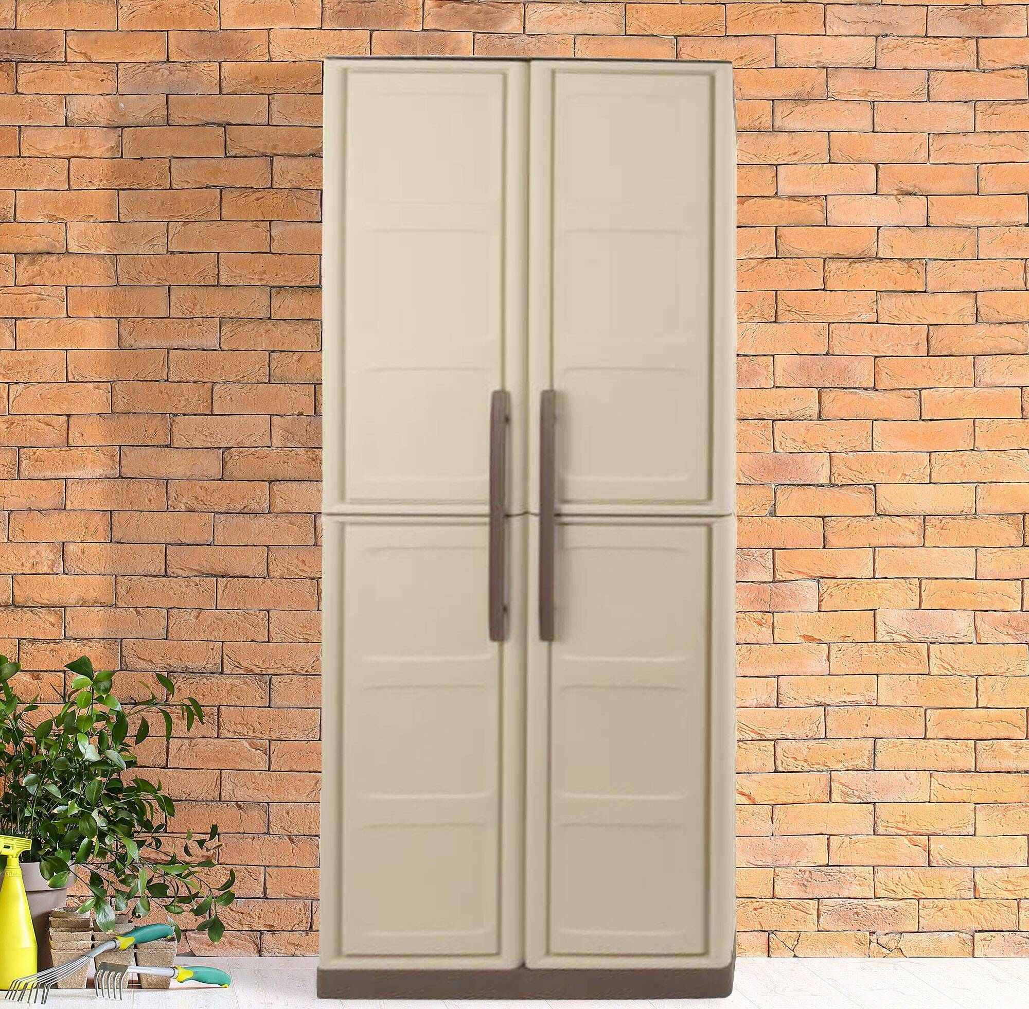 Dmora - Armoire d'extérieur Dbattistin, Armoire de balcon polyvalente, Armoire d'extérieur 2 portes, Beige et Marron, Finition Damier, 70x39h165 cm - Dmora - Image 2