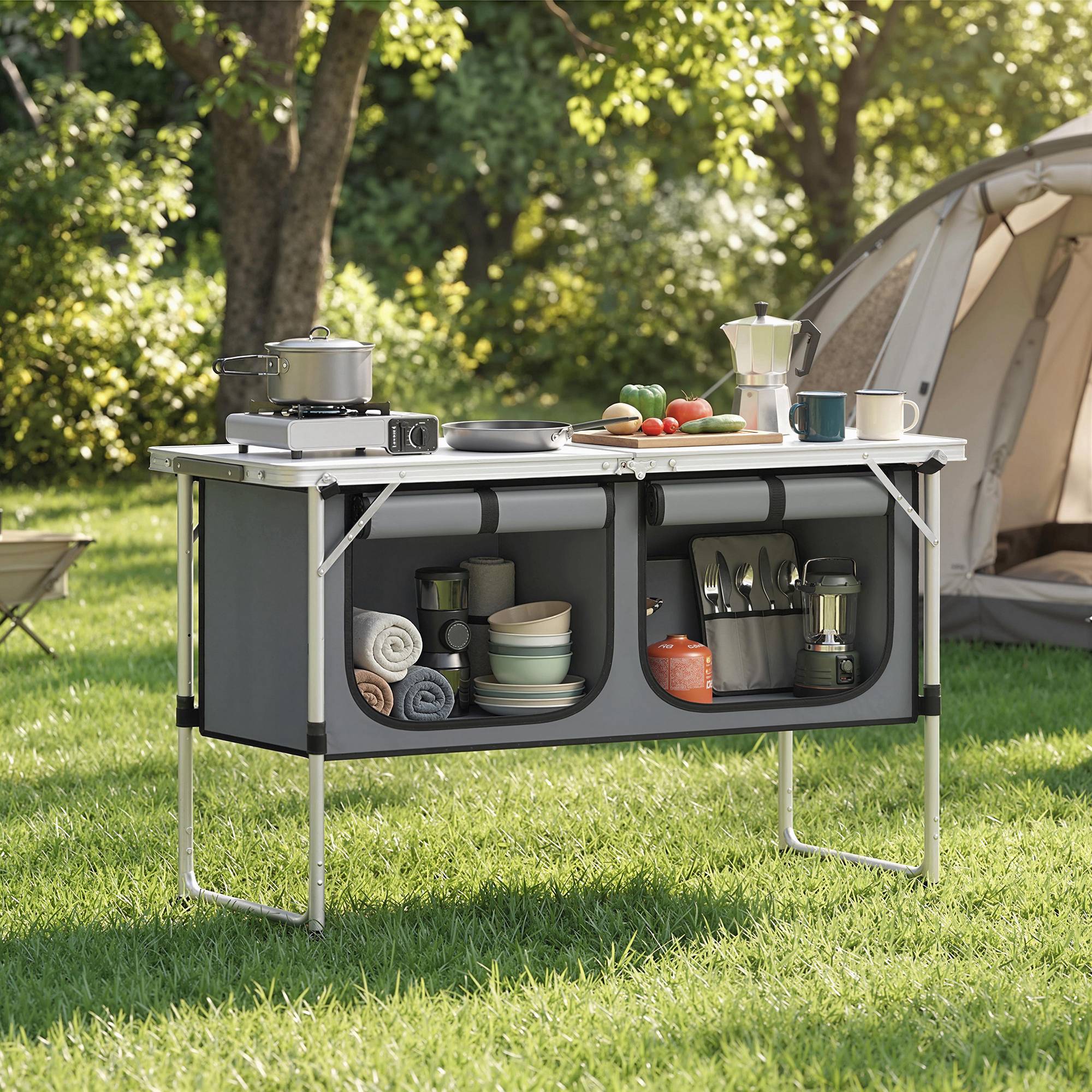 Meuble cuisine camping pliant aluminium MDF avec rangements grand plan de travail argent - ComfortXL Outdoor Living - Image 10