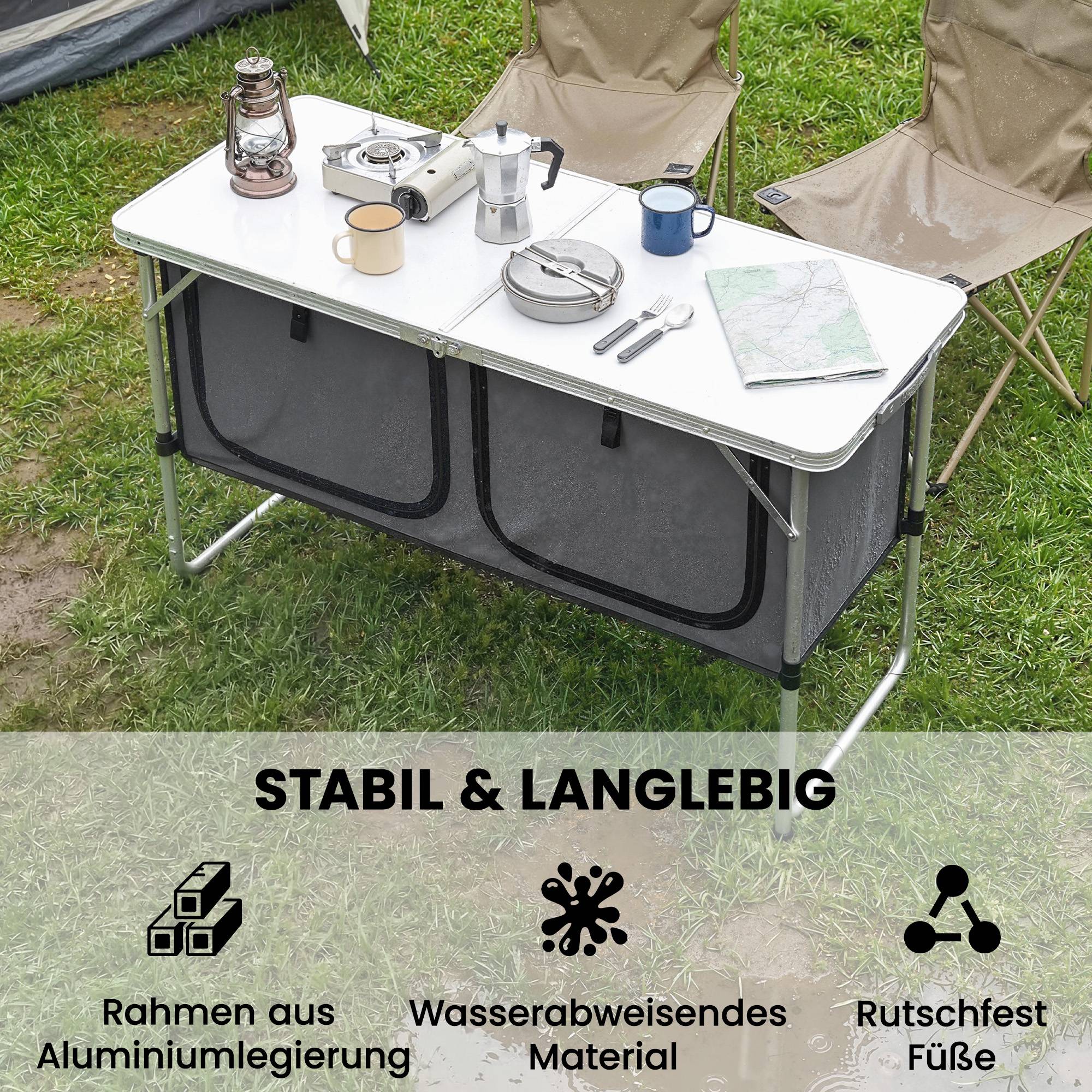 Meuble cuisine camping pliant aluminium MDF avec rangements grand plan de travail argent - ComfortXL Outdoor Living - Image 8