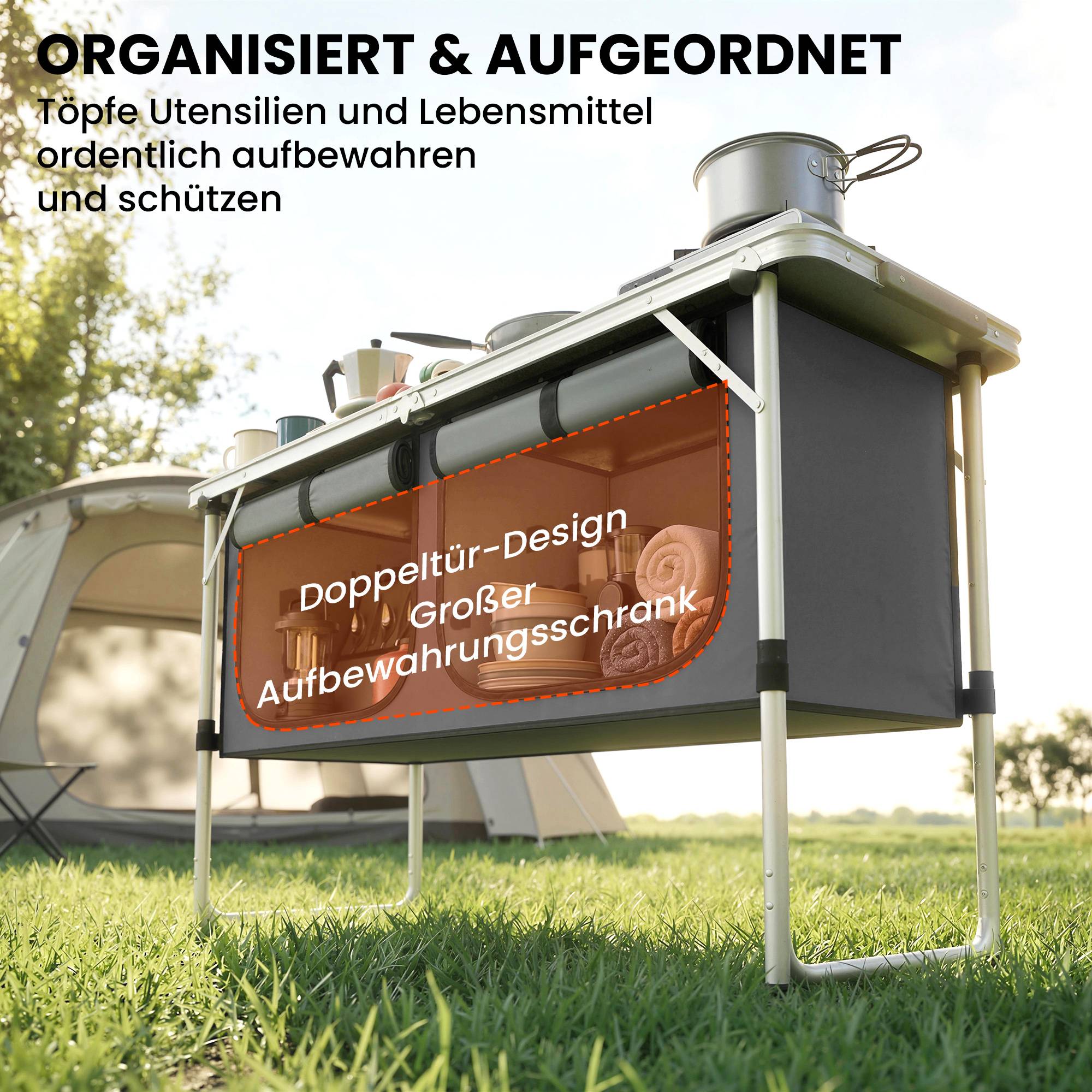 Meuble cuisine camping pliant aluminium MDF avec rangements grand plan de travail argent - ComfortXL Outdoor Living - Image 7