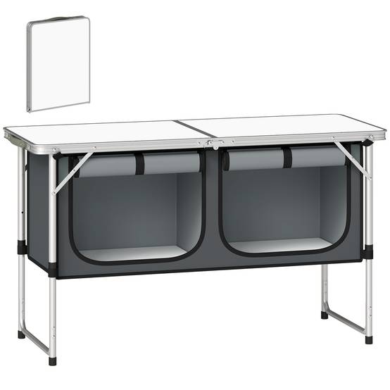 Meuble cuisine camping pliant aluminium MDF avec rangements grand plan de travail argent - ComfortXL Outdoor Living - Image 1