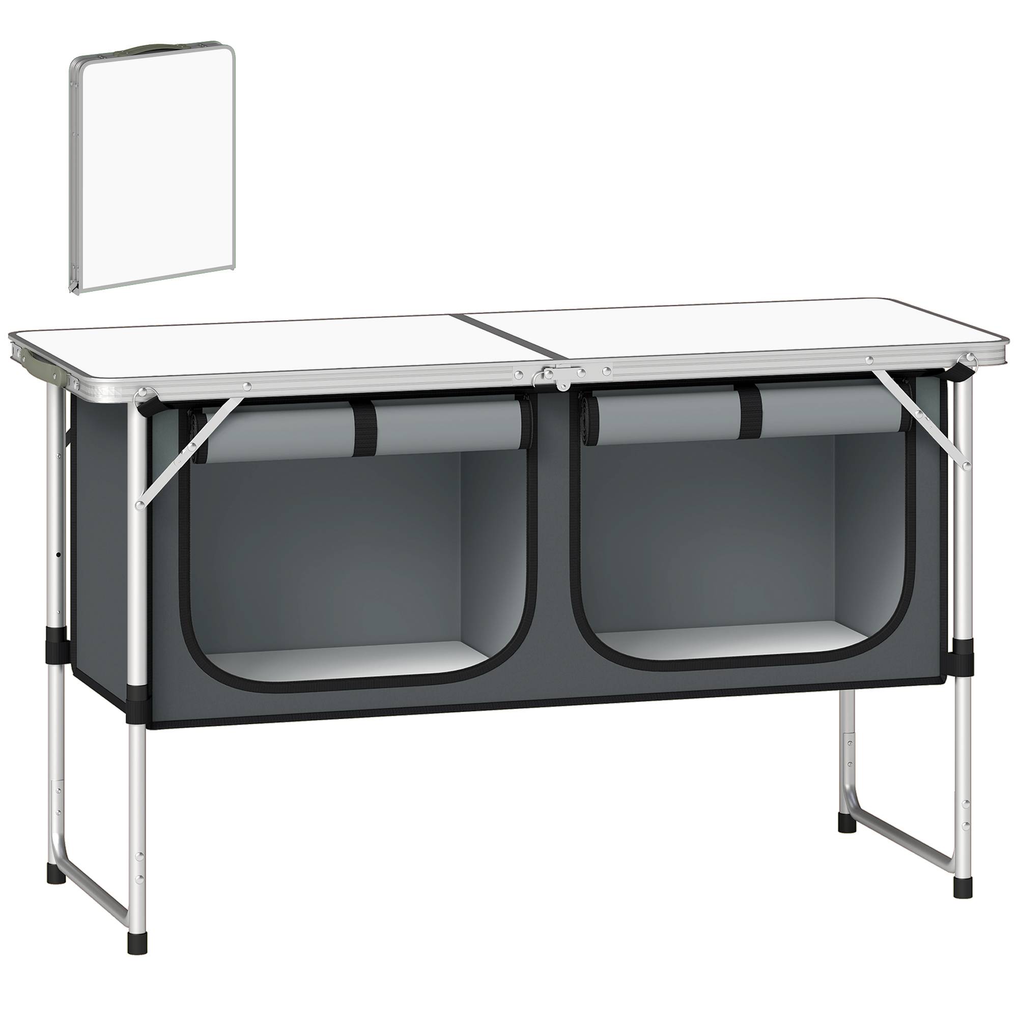 Meuble cuisine camping pliant aluminium MDF avec rangements grand plan de travail argent - ComfortXL Outdoor Living - Image 1