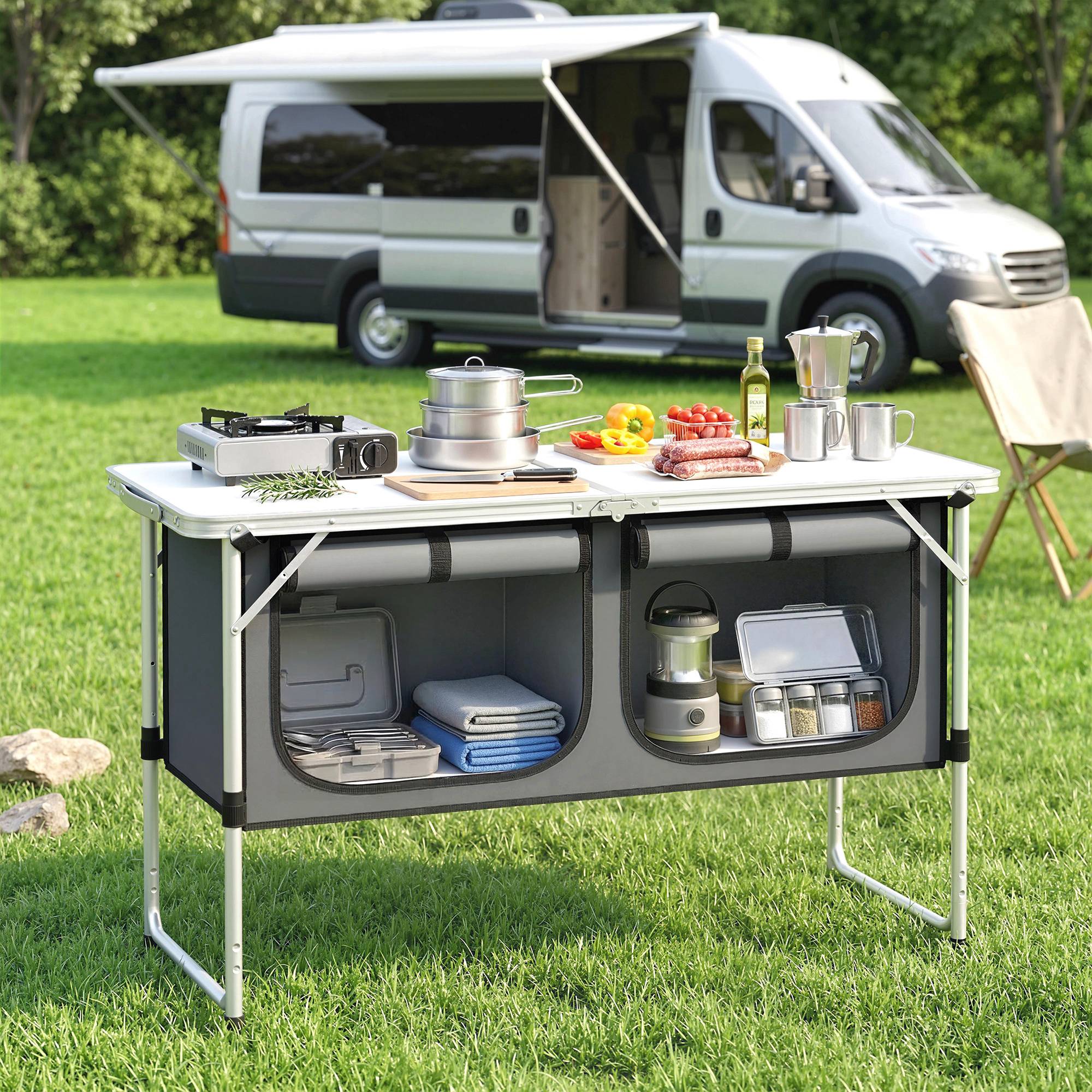 Meuble cuisine camping pliant aluminium MDF avec rangements grand plan de travail argent - ComfortXL Outdoor Living - Image 3