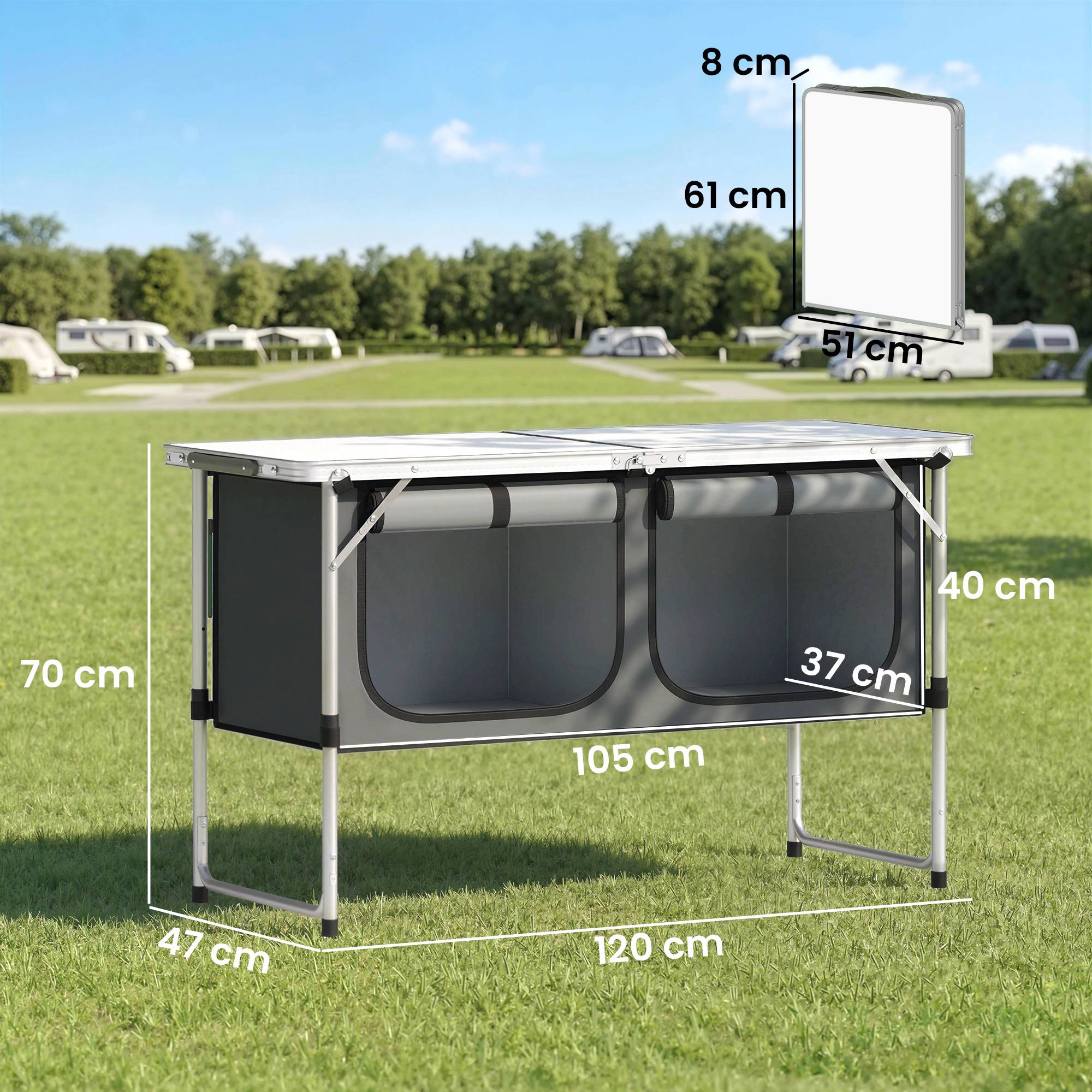 Meuble cuisine camping pliant aluminium MDF avec rangements grand plan de travail argent - ComfortXL Outdoor Living - Image 5