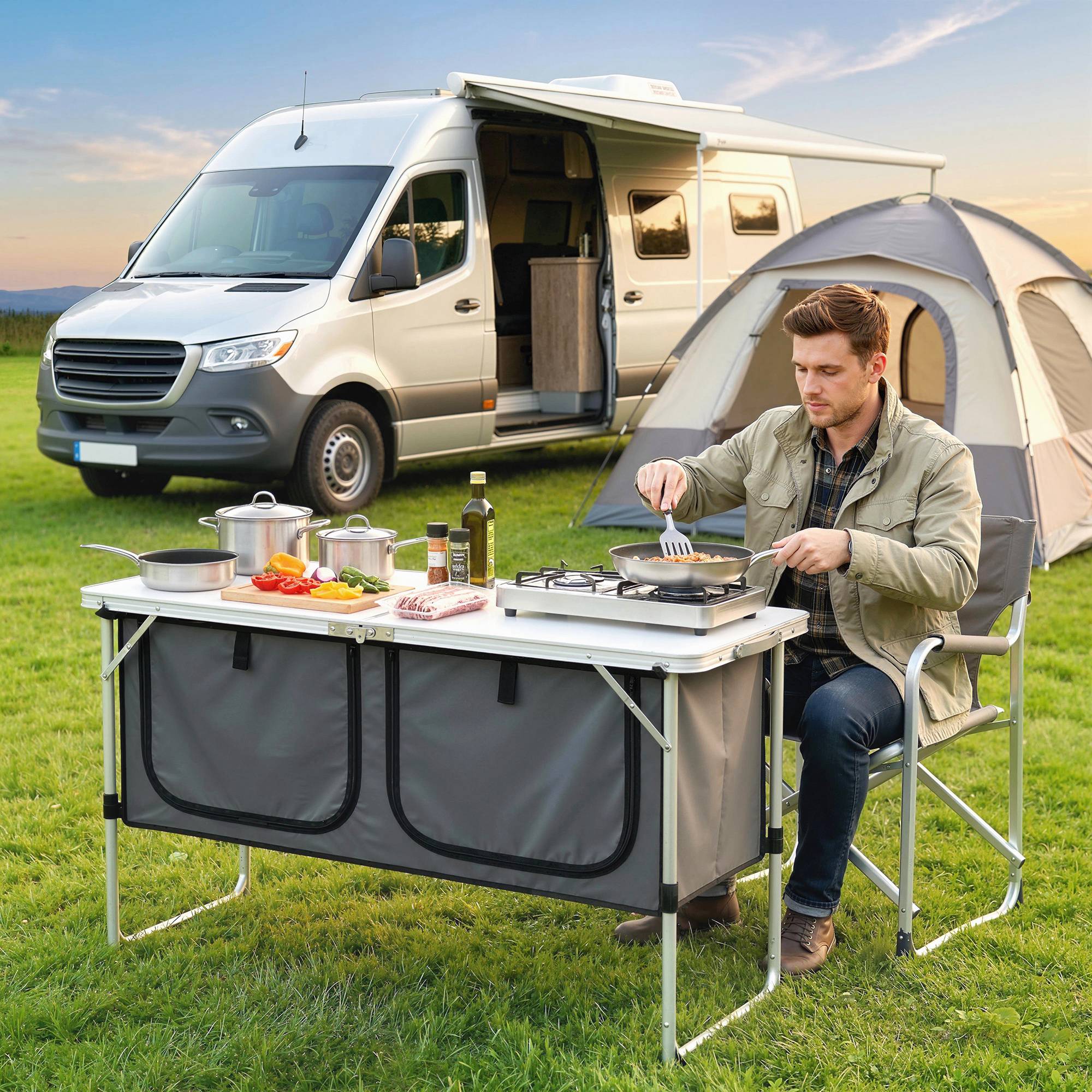 Meuble cuisine camping pliant aluminium MDF avec rangements grand plan de travail argent - ComfortXL Outdoor Living - Image 4
