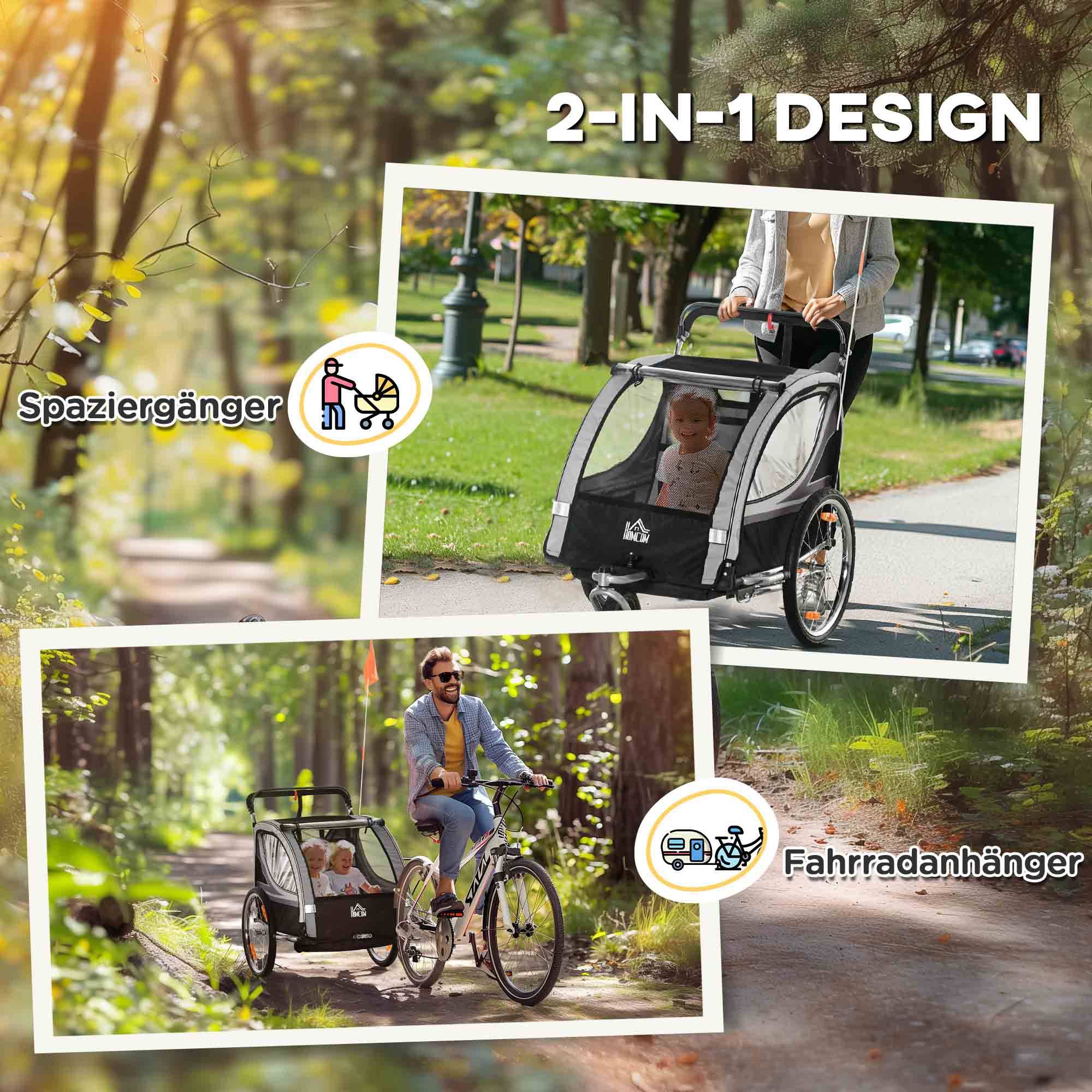 Remorque vélo enfant, poussette, freins, pliable, 2 enfants, gris/noir - Image 6