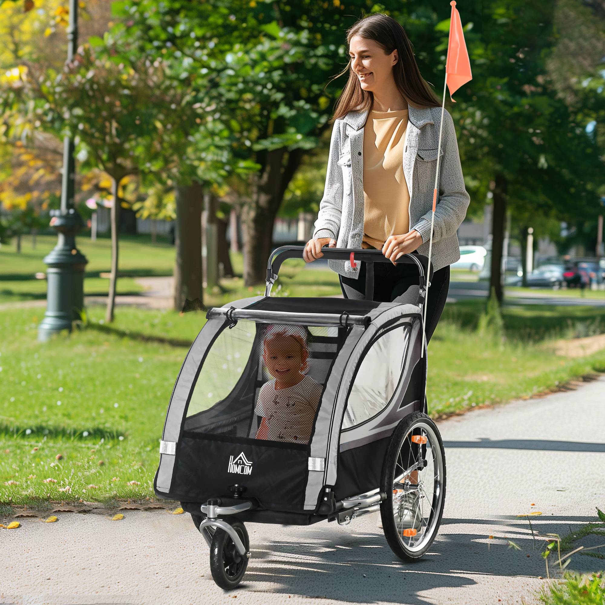 Remorque vélo enfant, poussette, freins, pliable, 2 enfants, gris/noir - Image 4