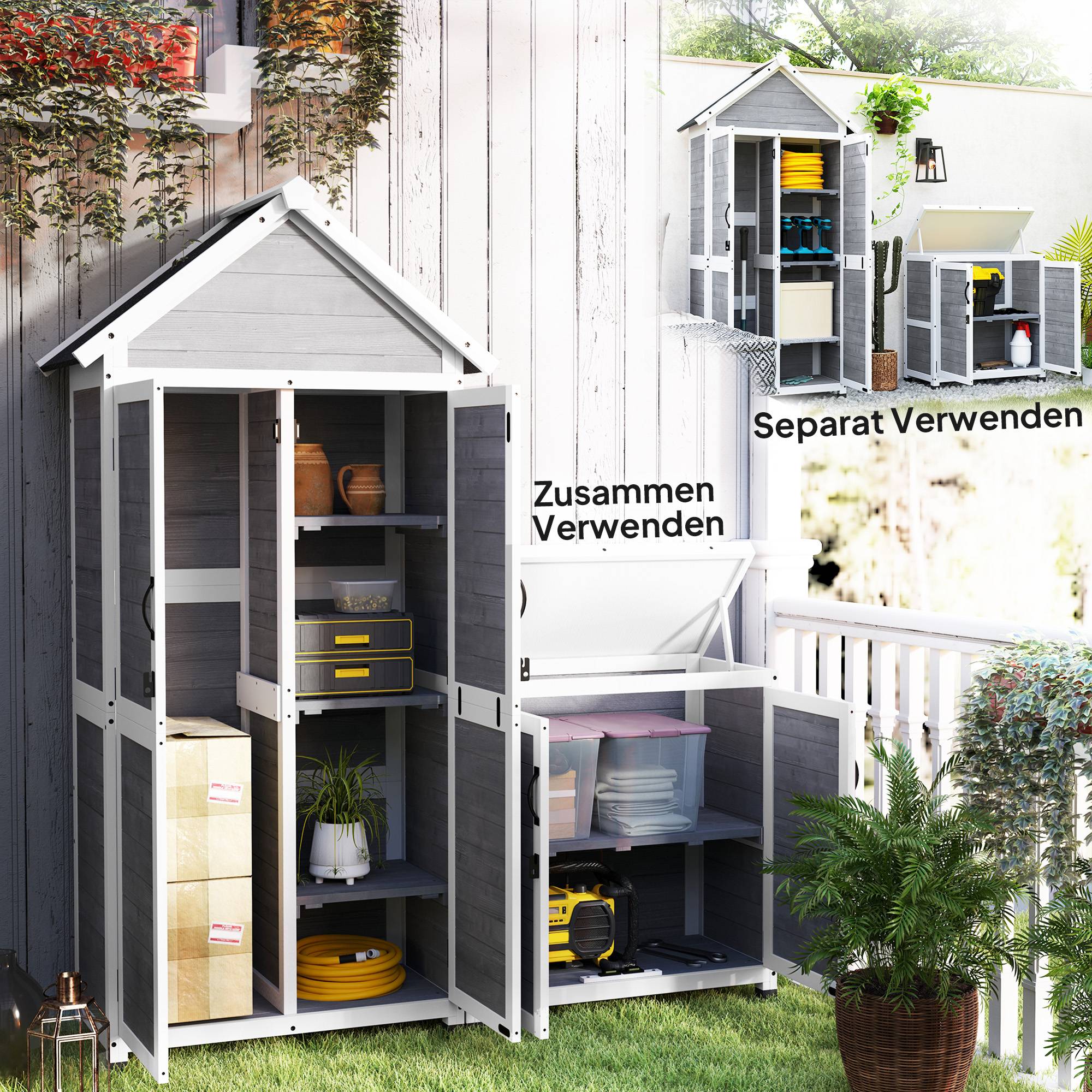 Abri de jardin avec armoire de rangement, étagères réglables, portes verrouillables, étanche, en épicéa, gris clair - Image 6