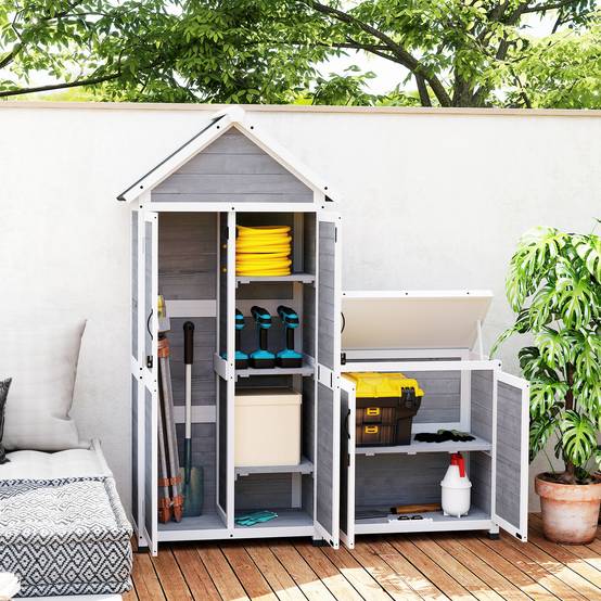 Abri de jardin avec armoire de rangement, étagères réglables, portes verrouillables, étanche, en épicéa, gris clair - Image 4