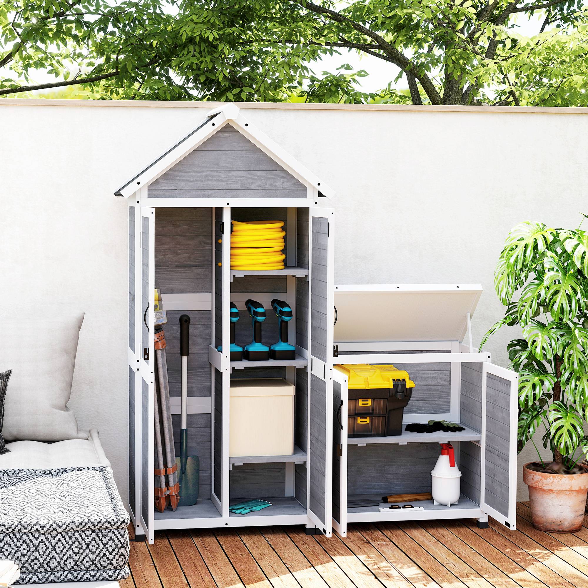 Abri de jardin avec armoire de rangement, étagères réglables, portes verrouillables, étanche, en épicéa, gris clair - Image 4