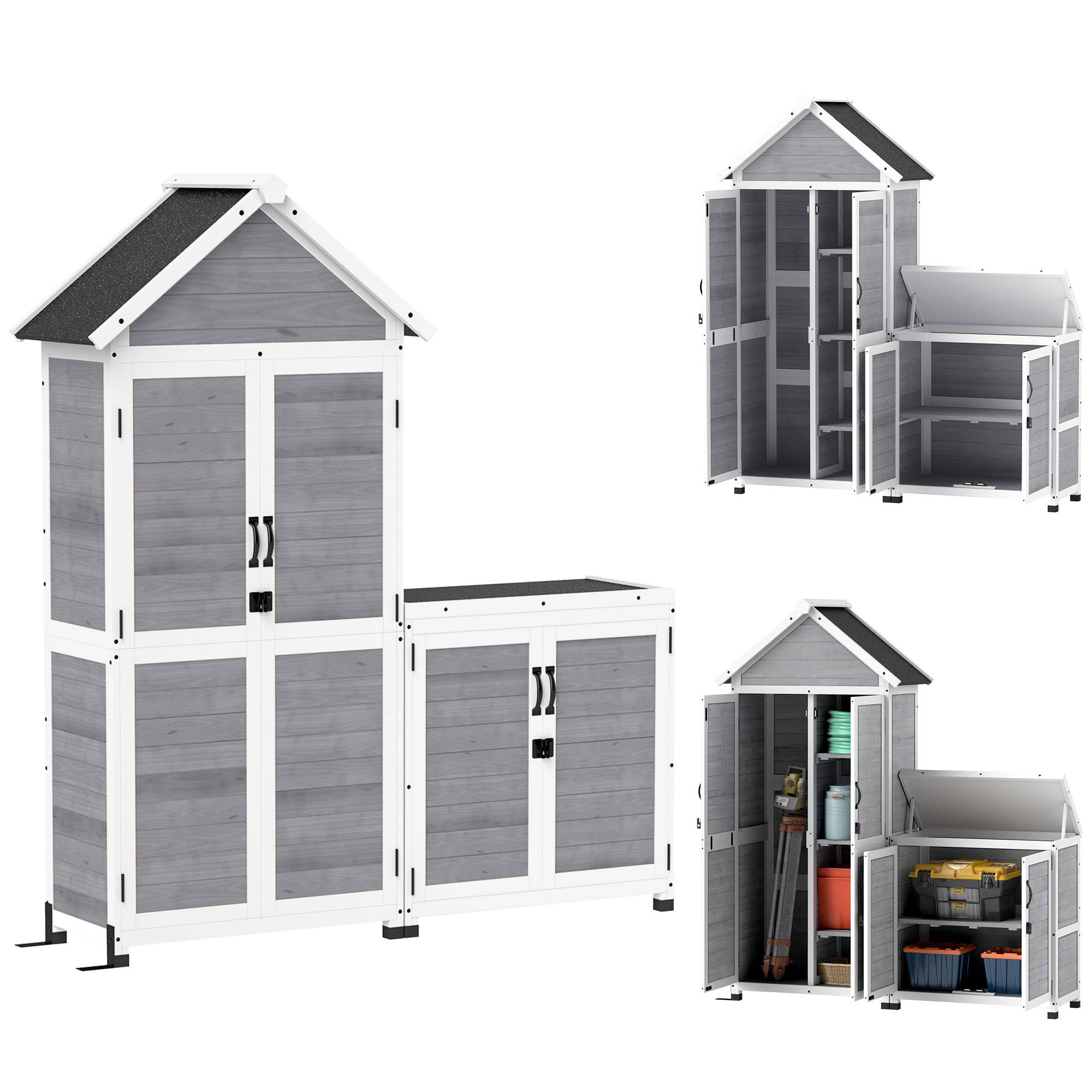 Abri de jardin avec armoire de rangement, étagères réglables, portes verrouillables, étanche, en épicéa, gris clair - Image 1