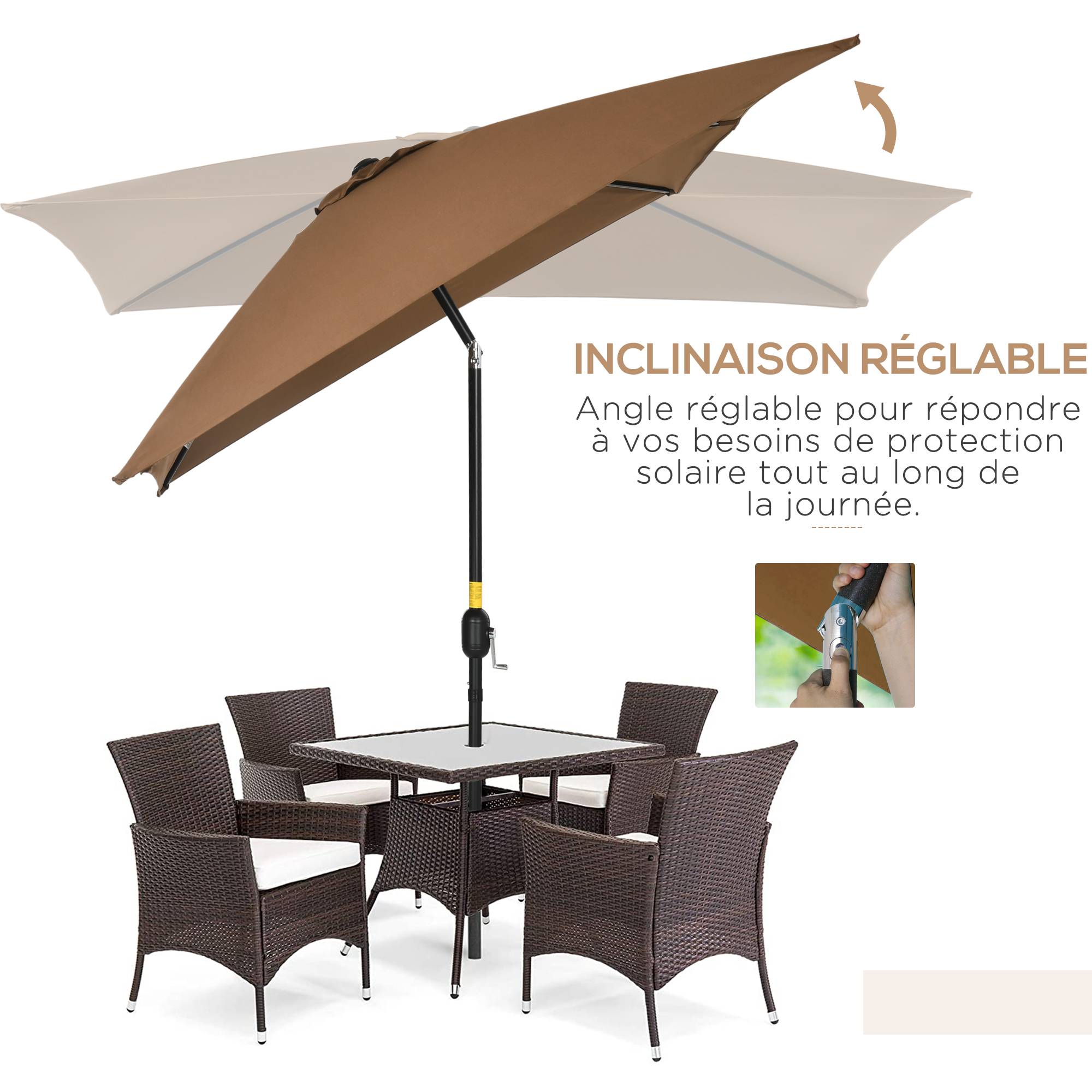 Outsunny - Parasol inclinable rectangulaire protection solaire - toile polyester 180 g/m² - 2,94L x 1,98l x 2,55H m - marron - Outsunny - Image 4