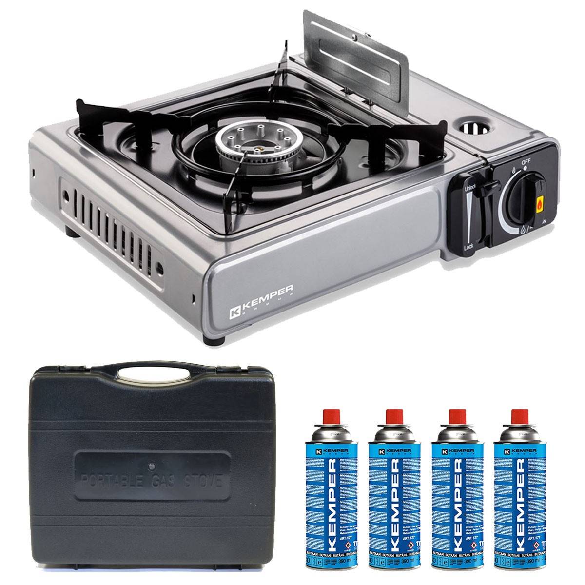 Réchaud à gaz 2200W INOX + 4 cartouches de gaz Double système de sécurité Puissance réglable KEMPER - Image 2
