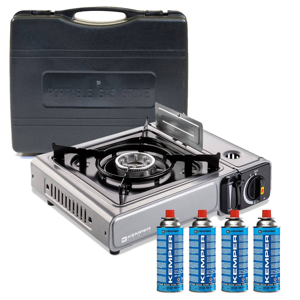 Réchaud à gaz 2200W INOX + 4 cartouches de gaz Double système de sécurité Puissance réglable KEMPER - Image 1