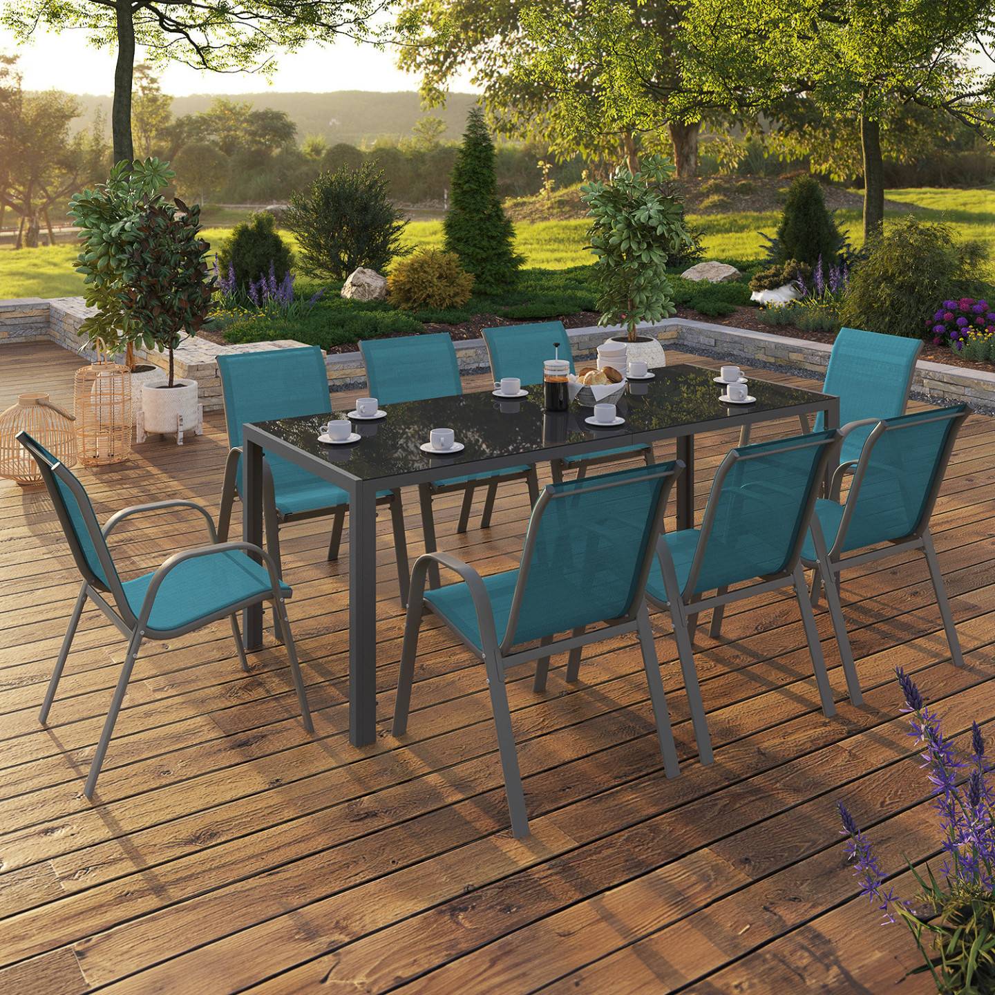 Salon de jardin MADRID table 190 CM et 8 chaises empilables bleu canard - Image 1