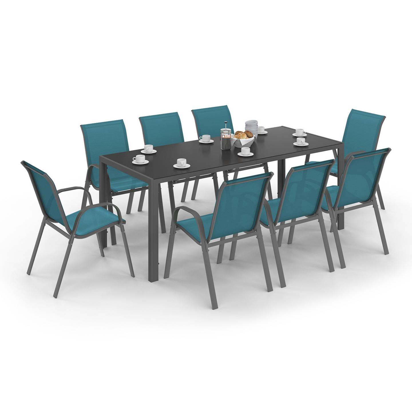 Salon de jardin MADRID table 190 CM et 8 chaises empilables bleu canard - Image 2