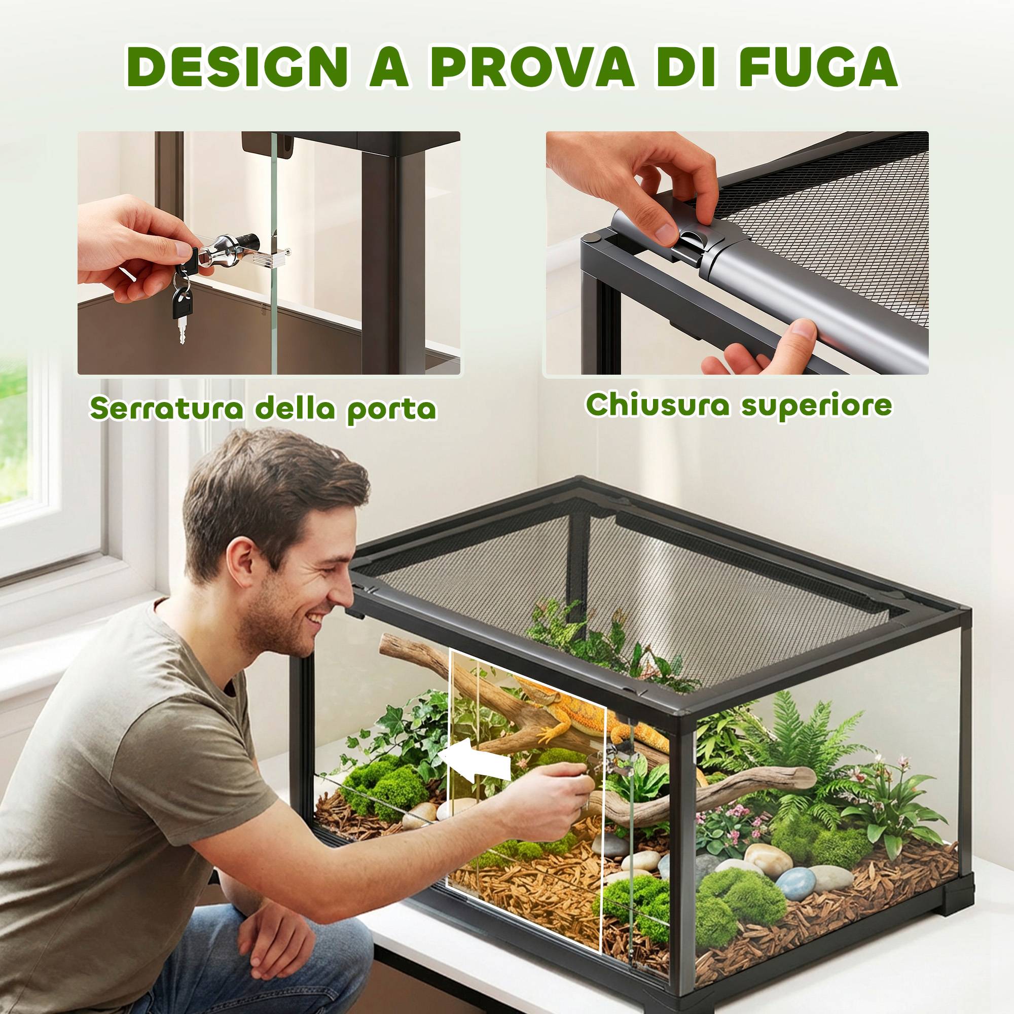 Rettilario Rialzato con Doppia Serratura e Pareti in Vetro, 60x45x32 cm, Nero - Image 6