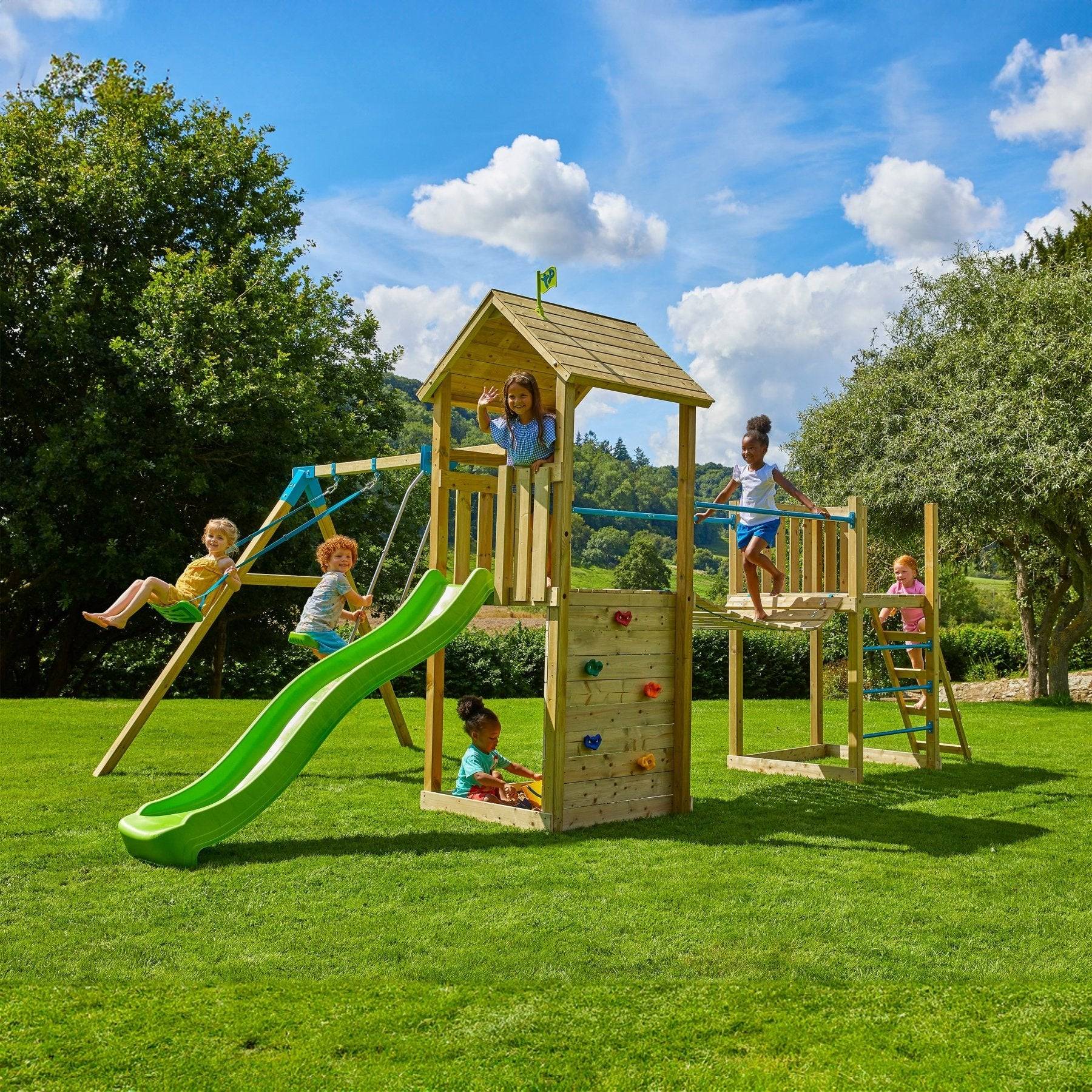 Tp Toys - AIre de jeux 2 balançoires, toboggan et pont suspendu - bois FSC® - H270 cm - BRUYÈRE SKYWOOD - Image 1
