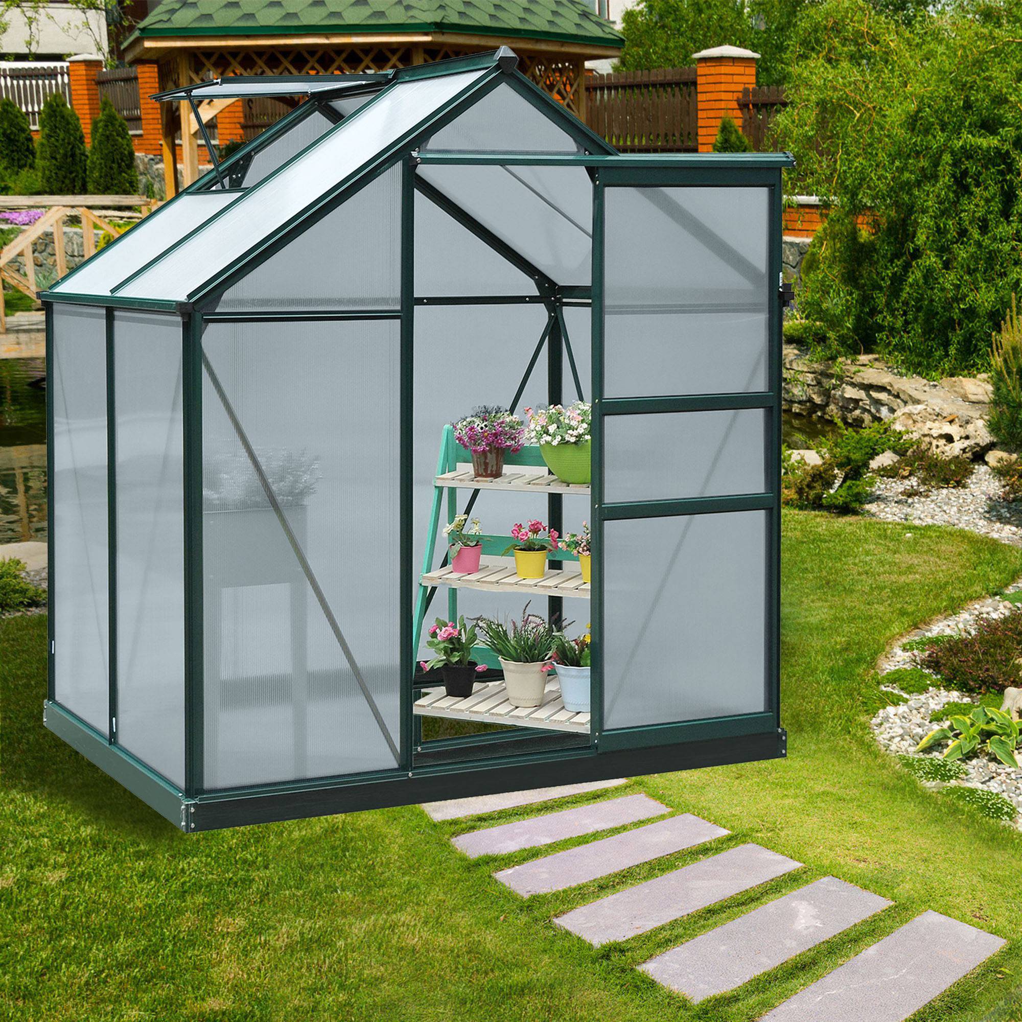 Sans Marque - Serre de jardin polycarbonate 190x132x201 cm UV 30+ fondation renforcée gouttière serre potager vert foncé - Image 3