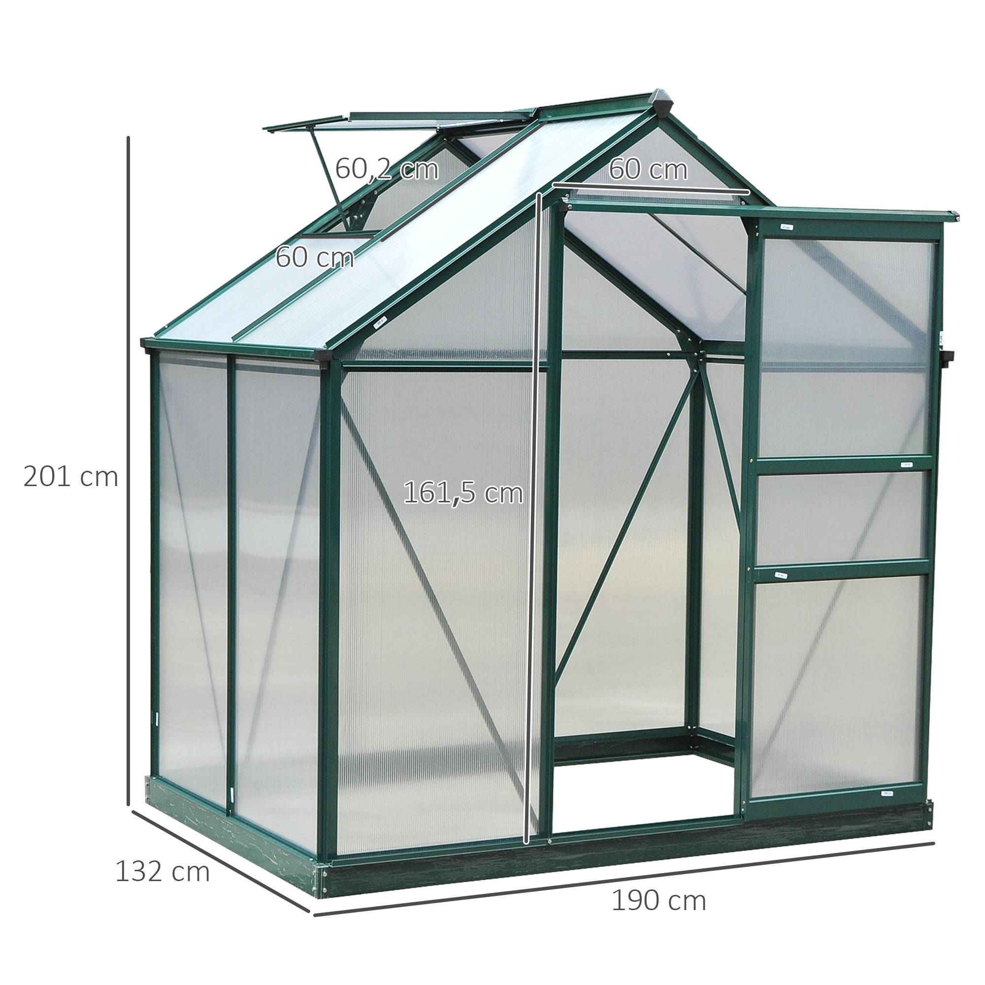Sans Marque - Serre de jardin polycarbonate 190x132x201 cm UV 30+ fondation renforcée gouttière serre potager vert foncé - Image 5