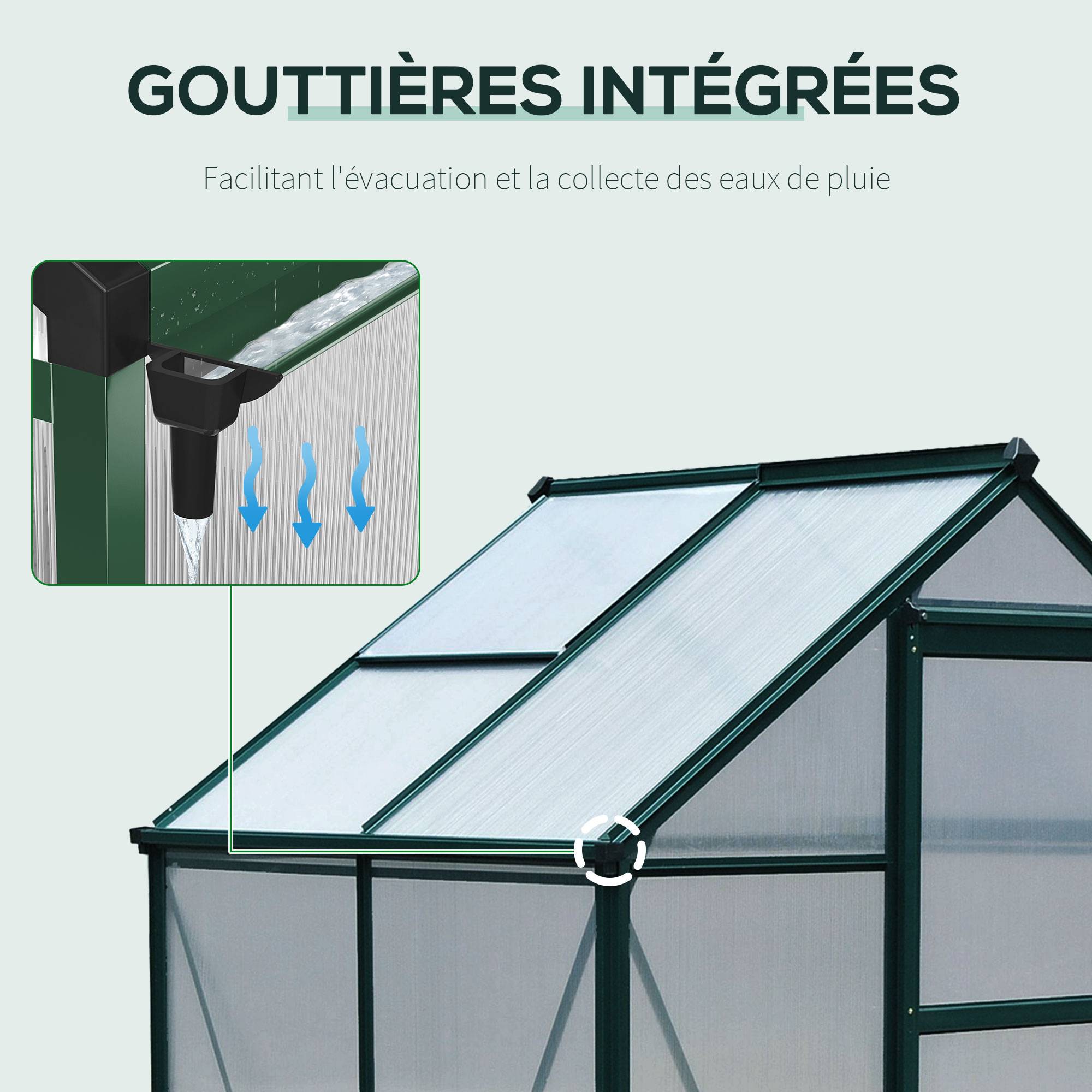 Sans Marque - Serre de jardin polycarbonate 190x132x201 cm UV 30+ fondation renforcée gouttière serre potager vert foncé - Image 9
