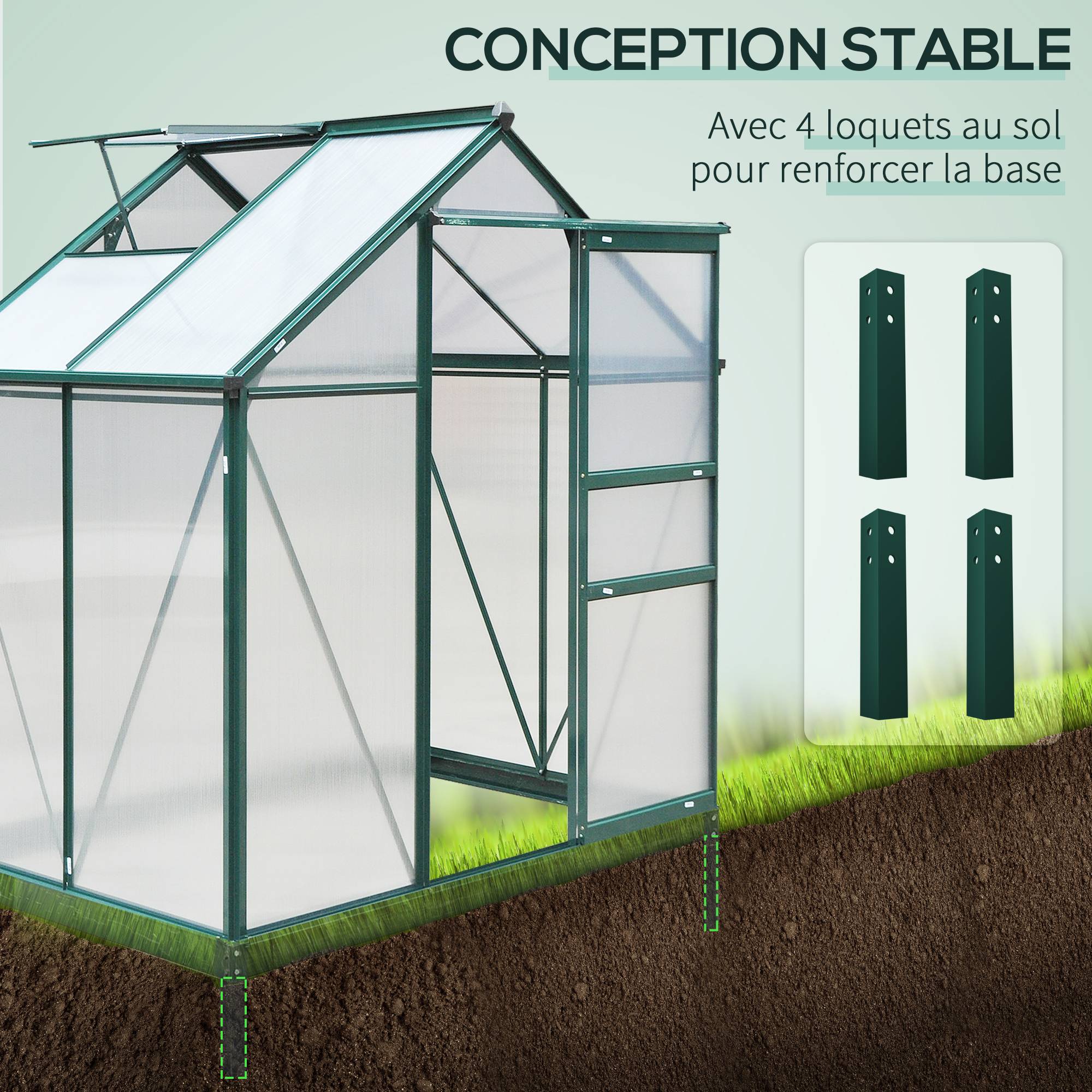 Sans Marque - Serre de jardin polycarbonate 190x132x201 cm UV 30+ fondation renforcée gouttière serre potager vert foncé - Image 8