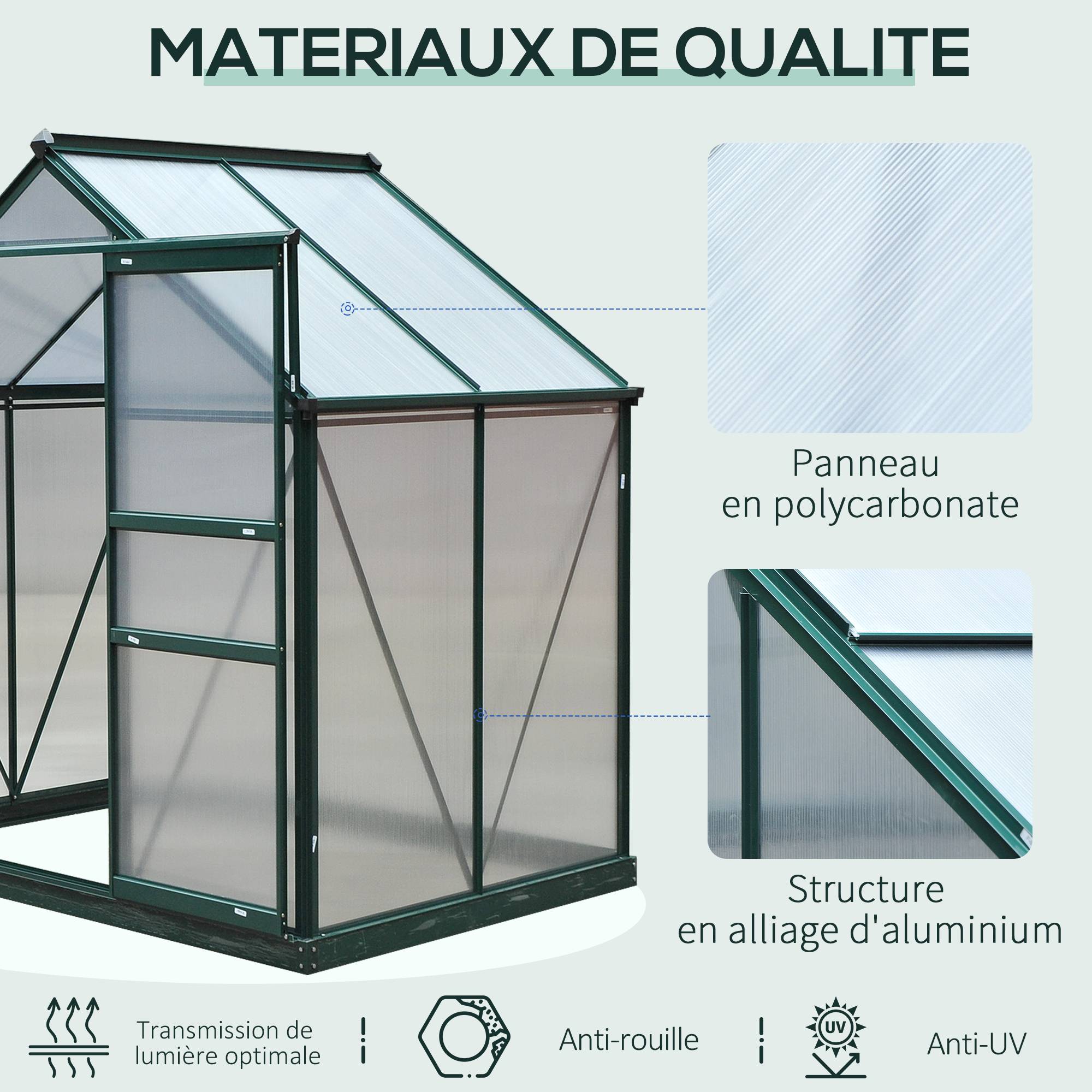 Sans Marque - Serre de jardin polycarbonate 190x132x201 cm UV 30+ fondation renforcée gouttière serre potager vert foncé - Image 7