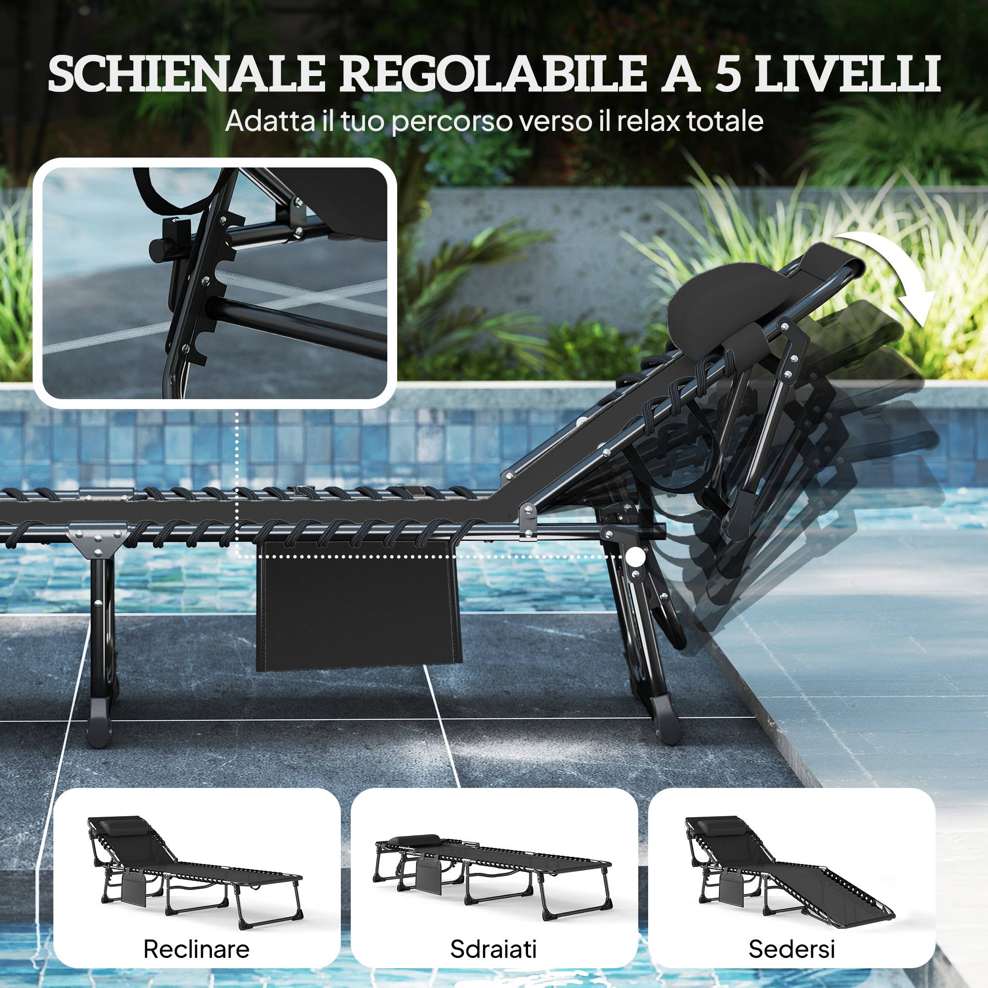 Lot 2 chaises longues jardin pliantes inclinables 5 positions coussins 57x200x38 cm noires - Image 6