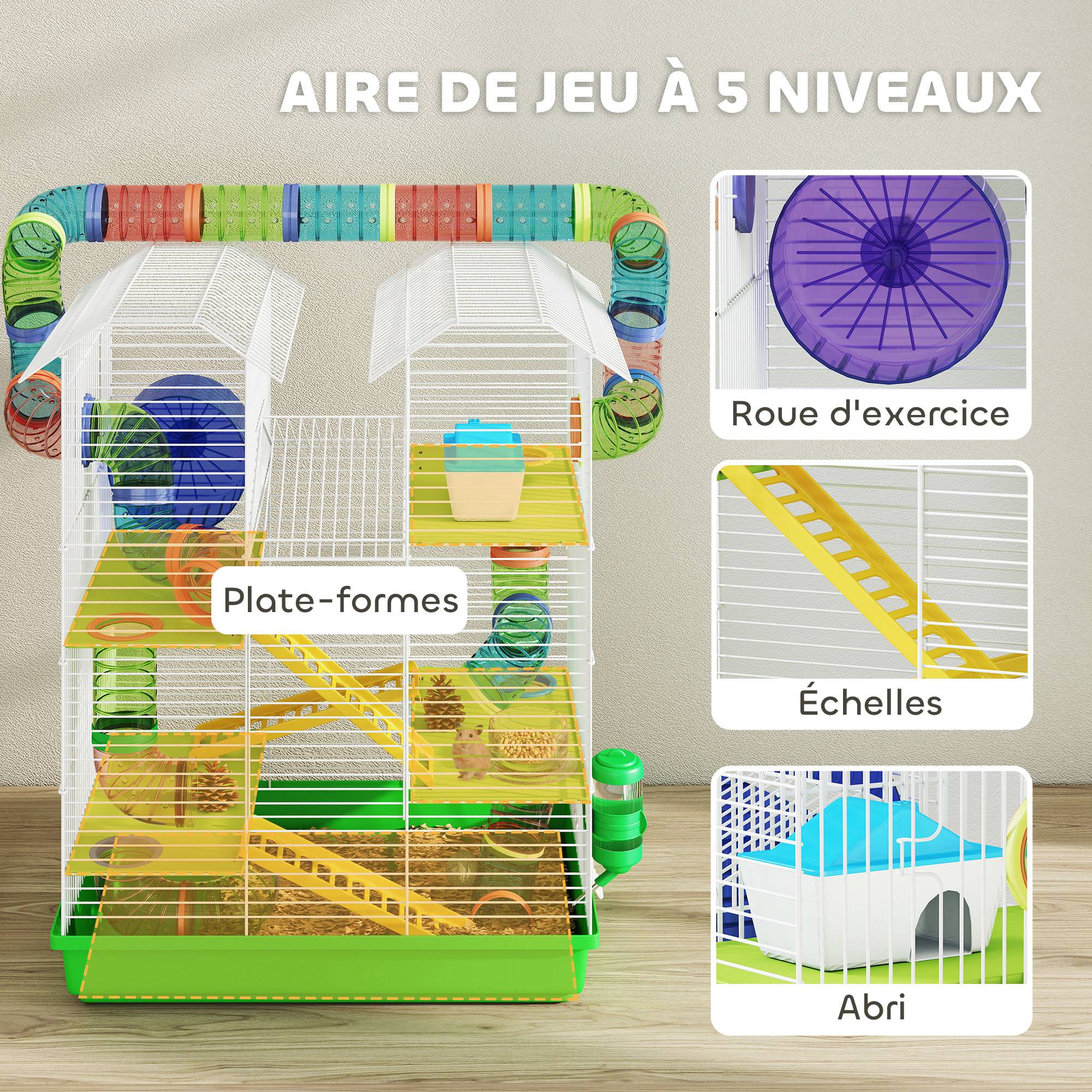 Grande cage hamster métal petits rongeurs avec tunnels 47x59cm Vert - ComfortXL Outdoor Living - Image 6