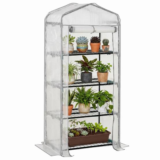 Mini serre de balcon étagères métal bâche PE pour semis de plantes 70x50x160cm blanc - ComfortXL Outdoor Living - Image 1
