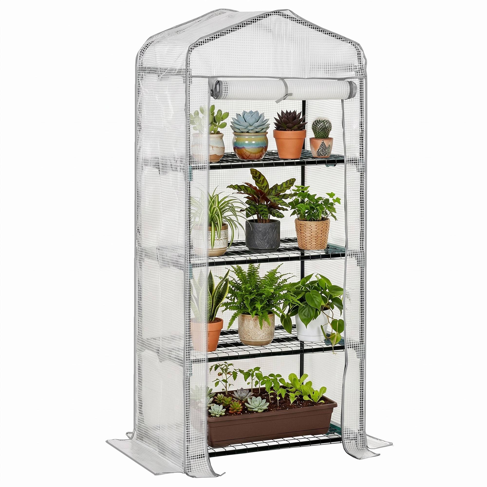 Mini serre de balcon étagères métal bâche PE pour semis de plantes 70x50x160cm blanc - ComfortXL Outdoor Living - Image 1
