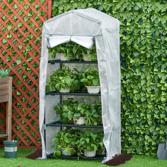 Mini serre de balcon étagères métal bâche PE pour semis de plantes 70x50x160cm blanc - ComfortXL Outdoor Living - Image 4