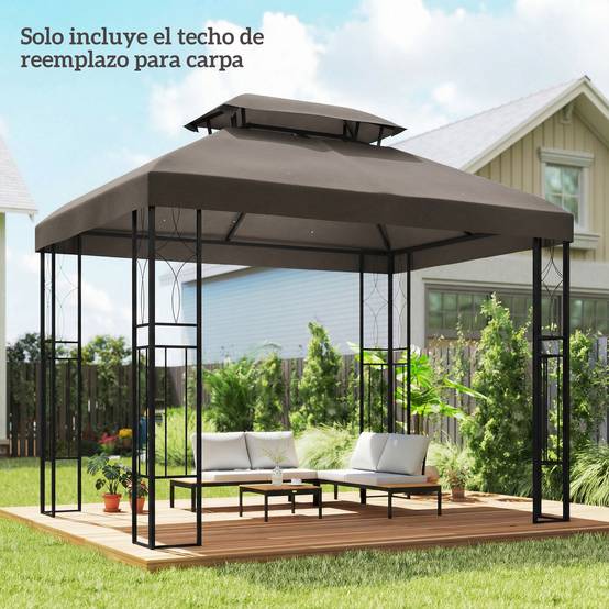 Toile de Rechange Tonnelle 4x3m Polyester Toit Double Aération Protection UV Marron - ComfortXL Outdoor Living - Image 3