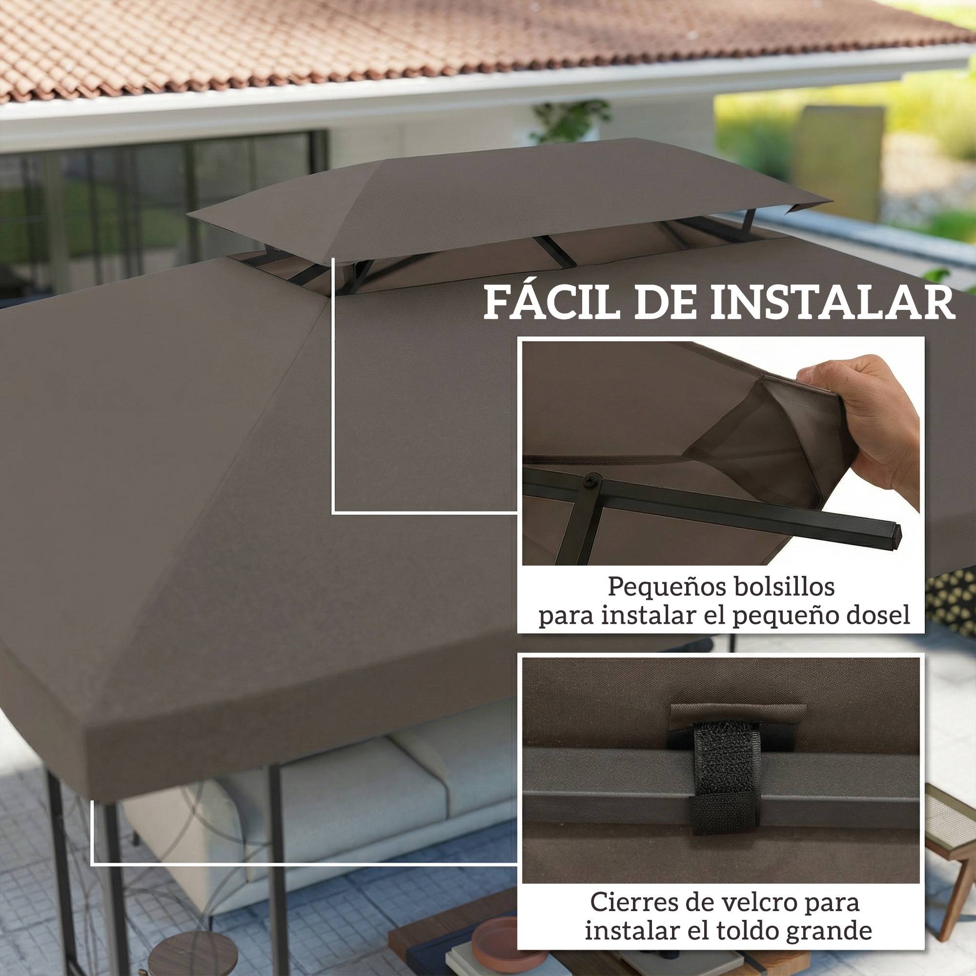 Toile de Rechange Tonnelle 4x3m Polyester Toit Double Aération Protection UV Marron - ComfortXL Outdoor Living - Image 7