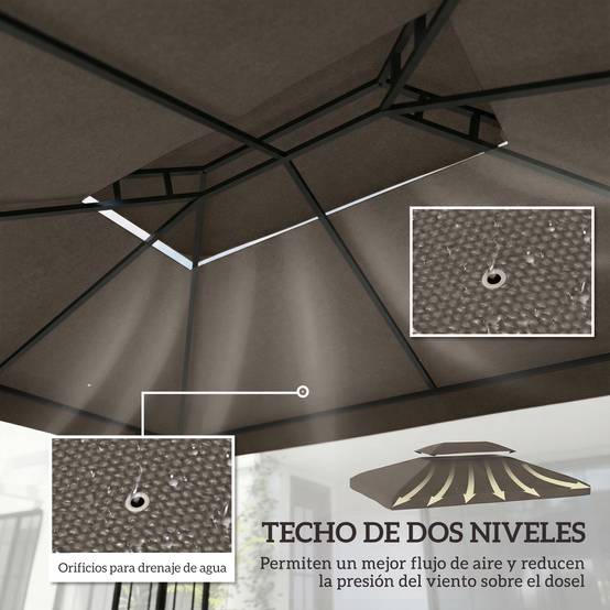 Toile de Rechange Tonnelle 4x3m Polyester Toit Double Aération Protection UV Marron - ComfortXL Outdoor Living - Image 6