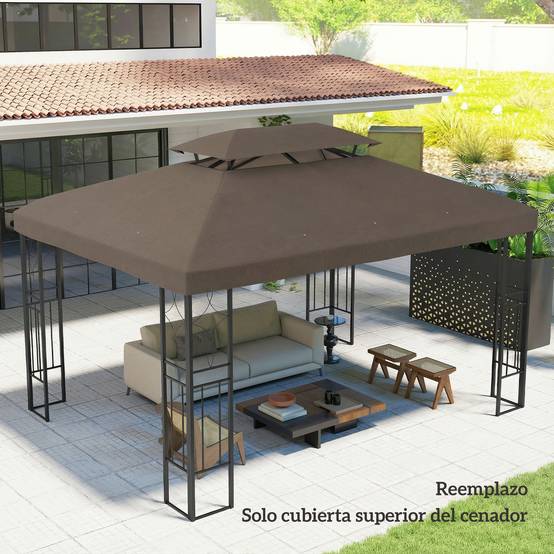 Toile de Rechange Tonnelle 4x3m Polyester Toit Double Aération Protection UV Marron - ComfortXL Outdoor Living - Image 9