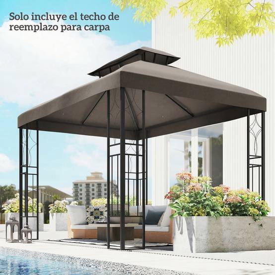 Toile de Rechange Tonnelle 4x3m Polyester Toit Double Aération Protection UV Marron - ComfortXL Outdoor Living - Image 4