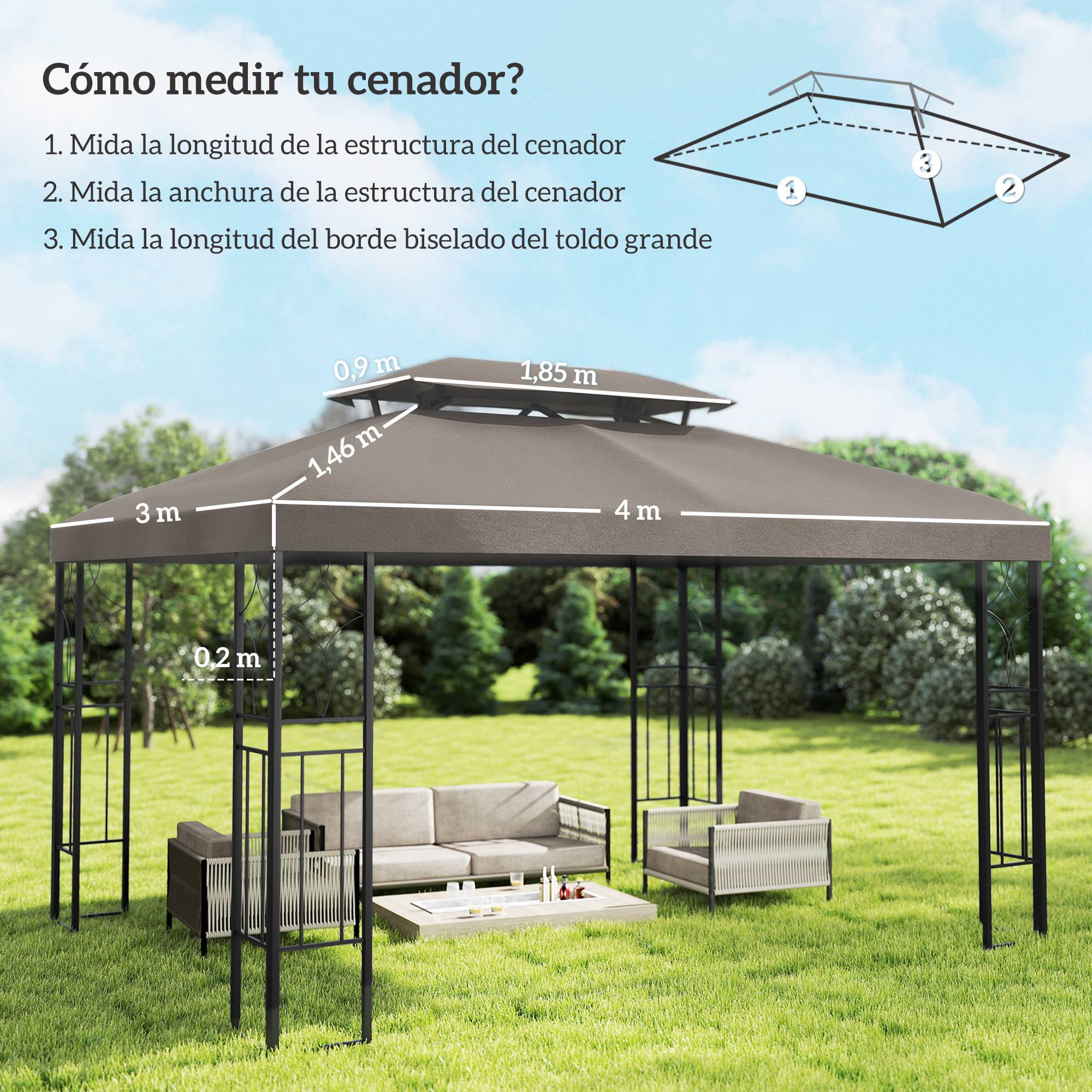 Toile de Rechange Tonnelle 4x3m Polyester Toit Double Aération Protection UV Marron - ComfortXL Outdoor Living - Image 5